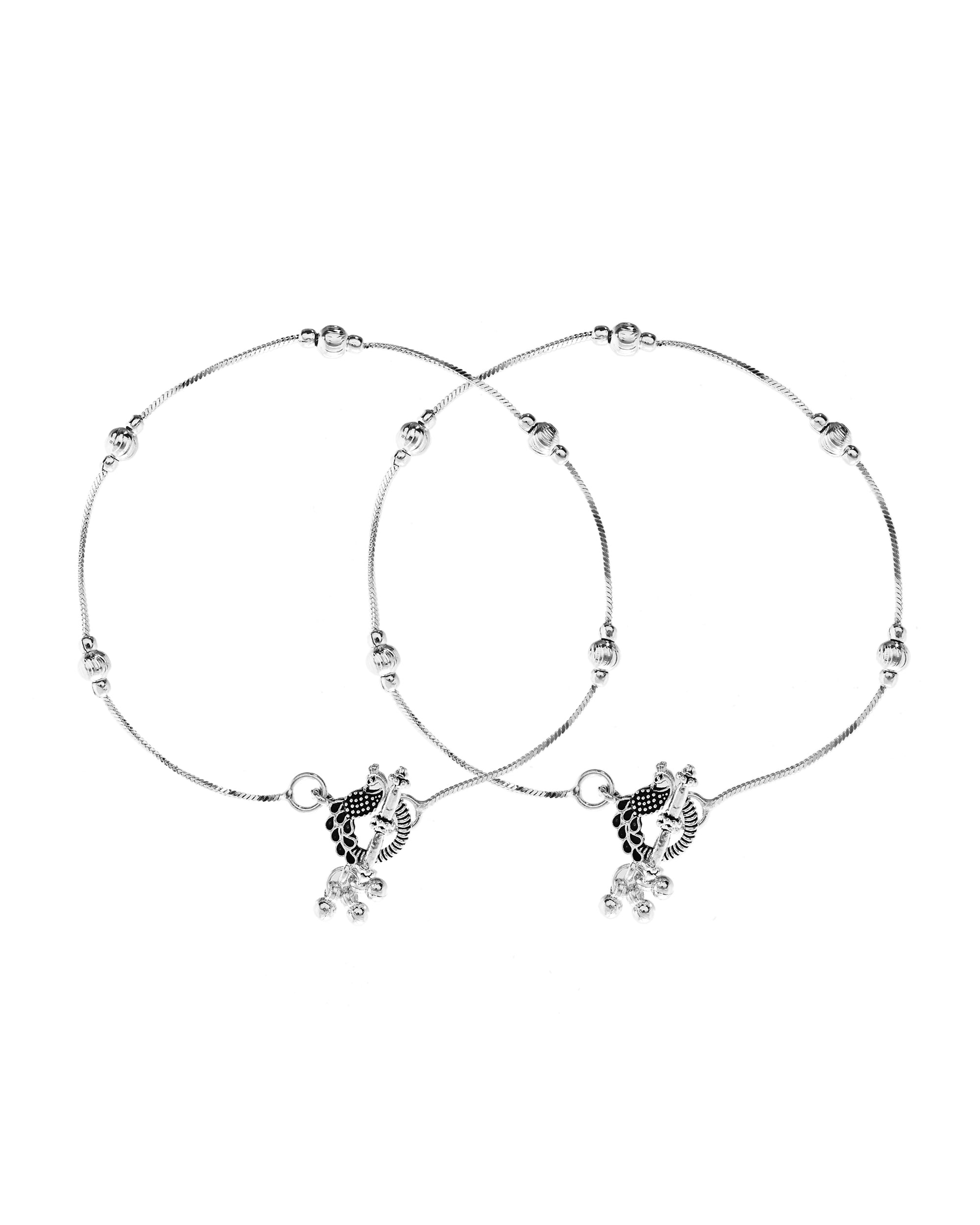 VOJ Set of 2 Silver Toned Handcrafted Designer Anklet