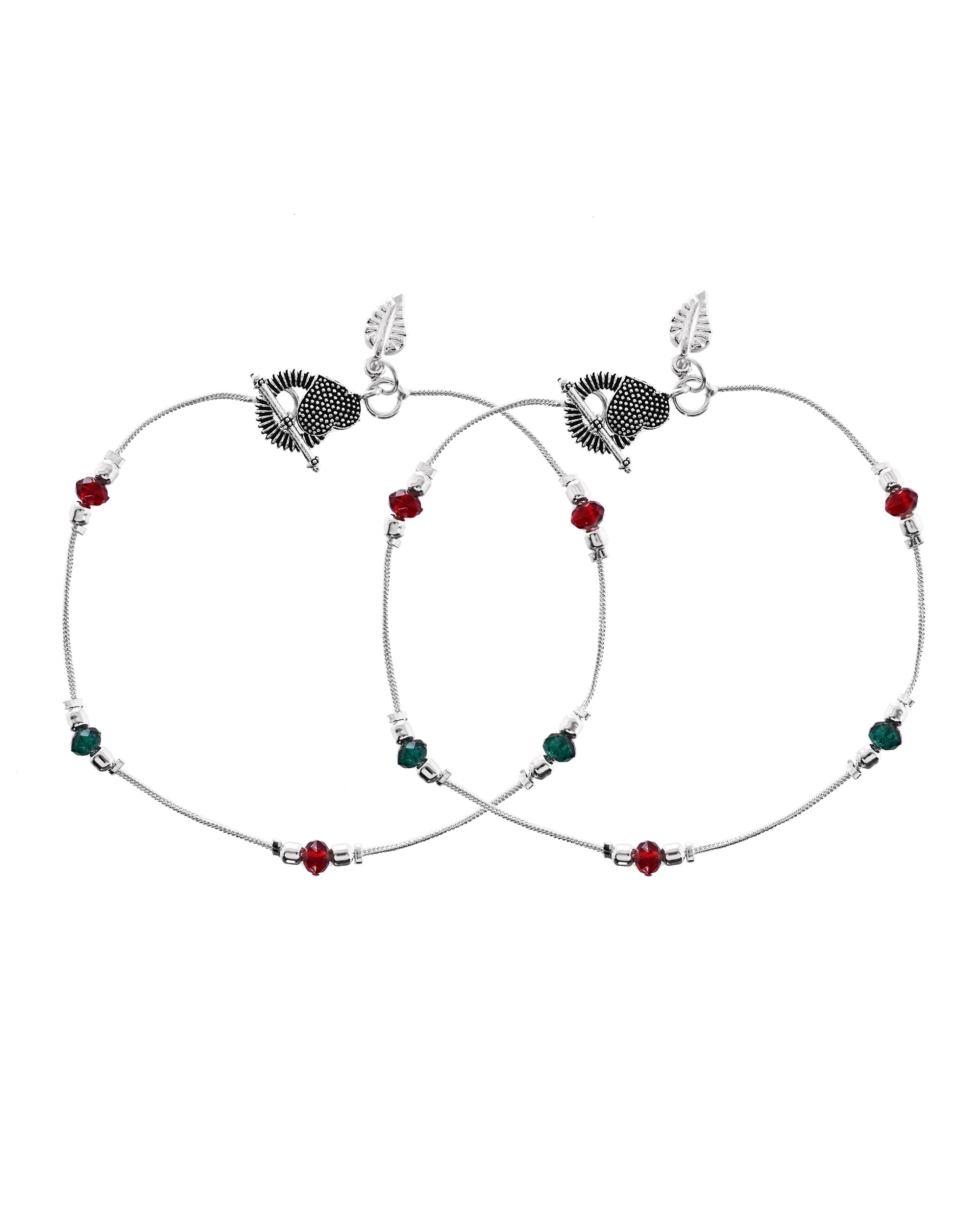 VOJ Set of 2 Silver Toned Handcrafted Artificial Beads Designer Anklet