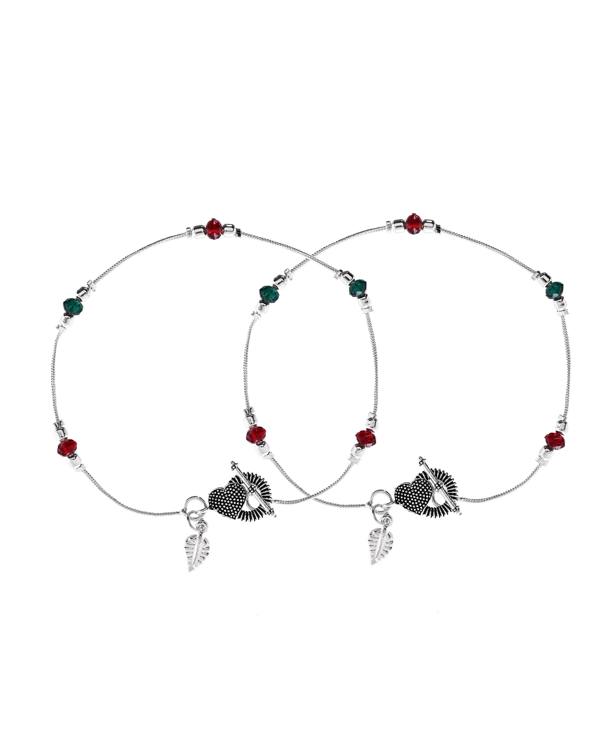 VOJ Set of 2 Silver Toned Handcrafted Artificial Beads Designer Anklet