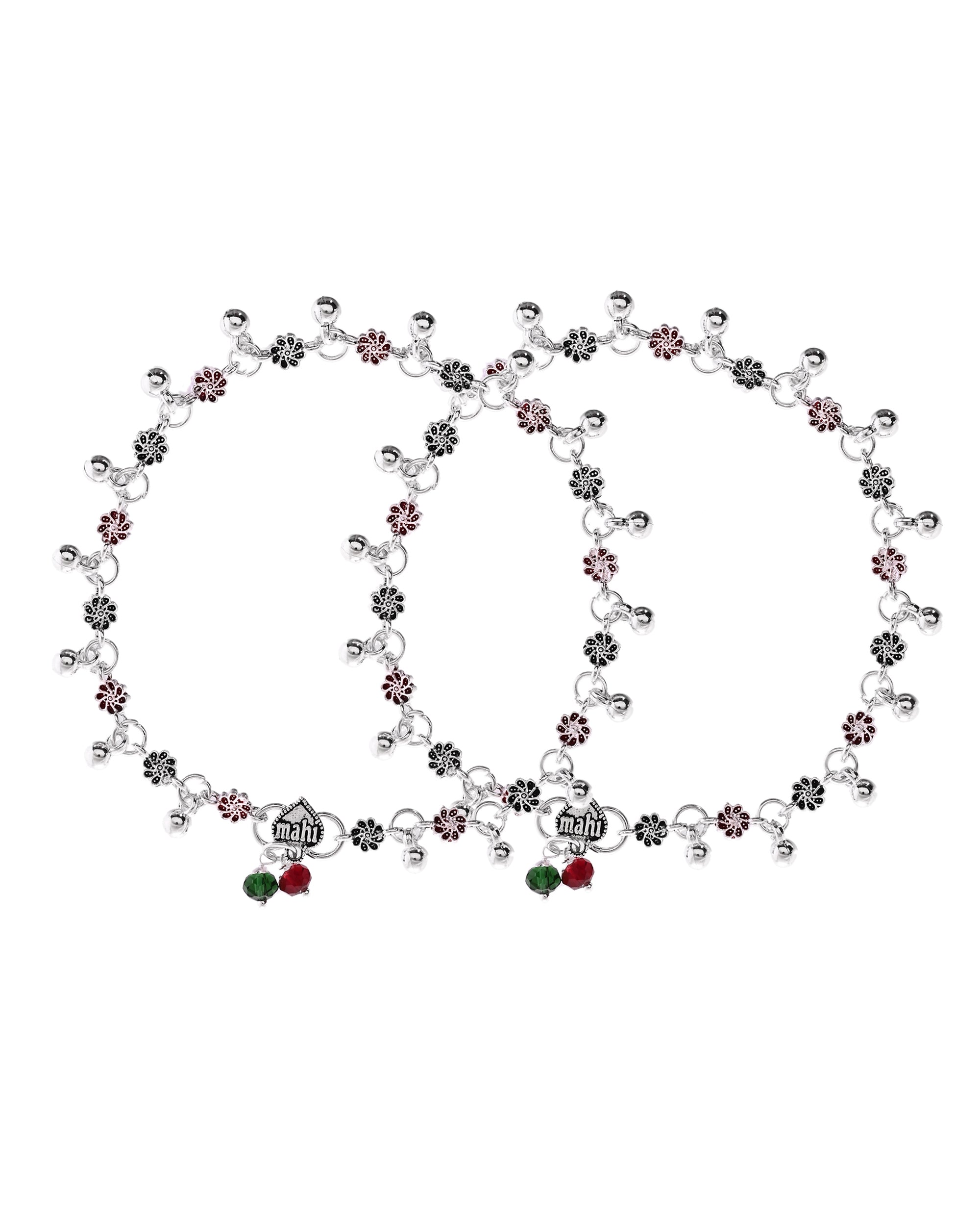 VOJ Set of 2 Silver Plated Floral Designed Meenakari Anklet