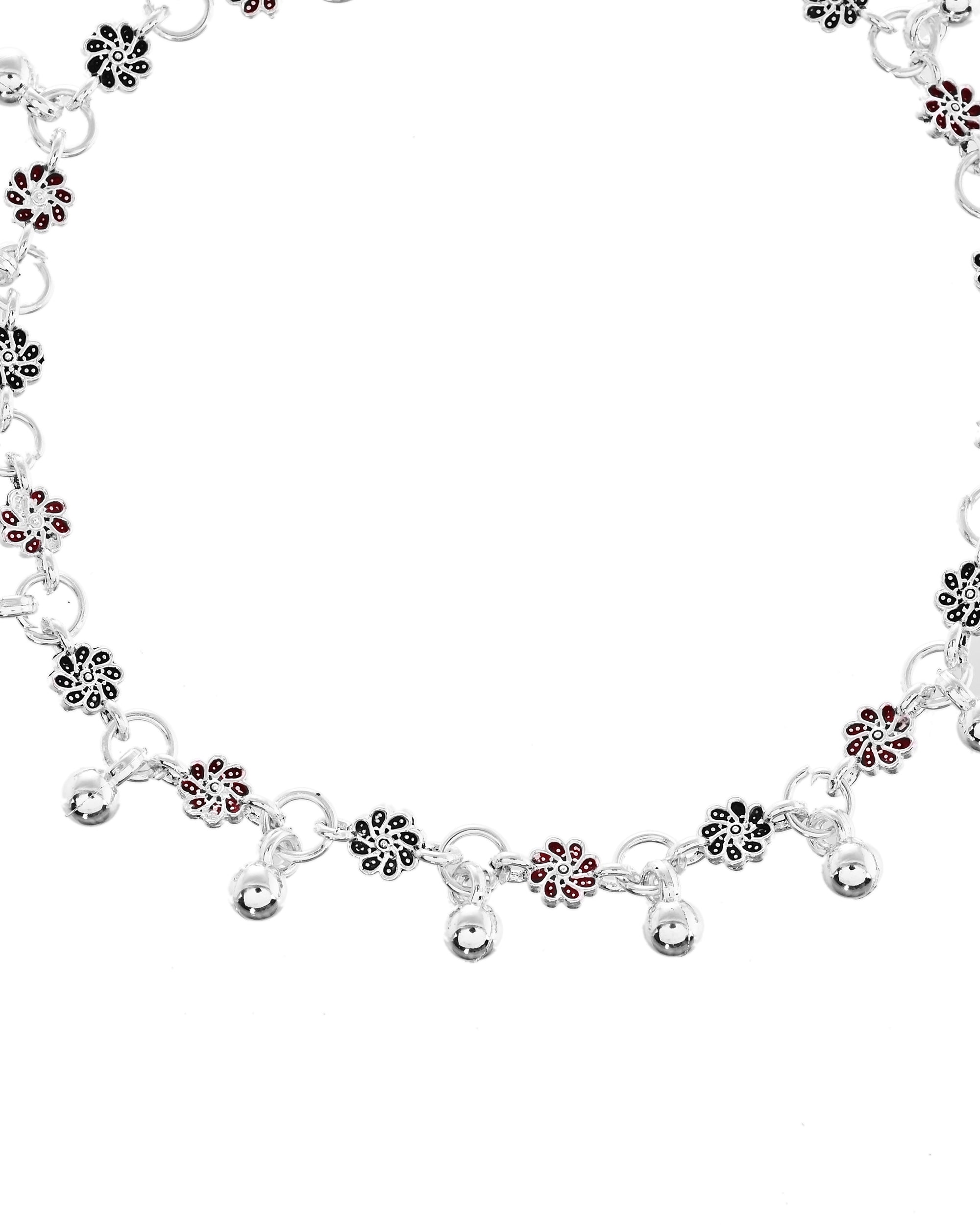 VOJ Set of 2 Silver Plated Floral Designed Meenakari Anklet