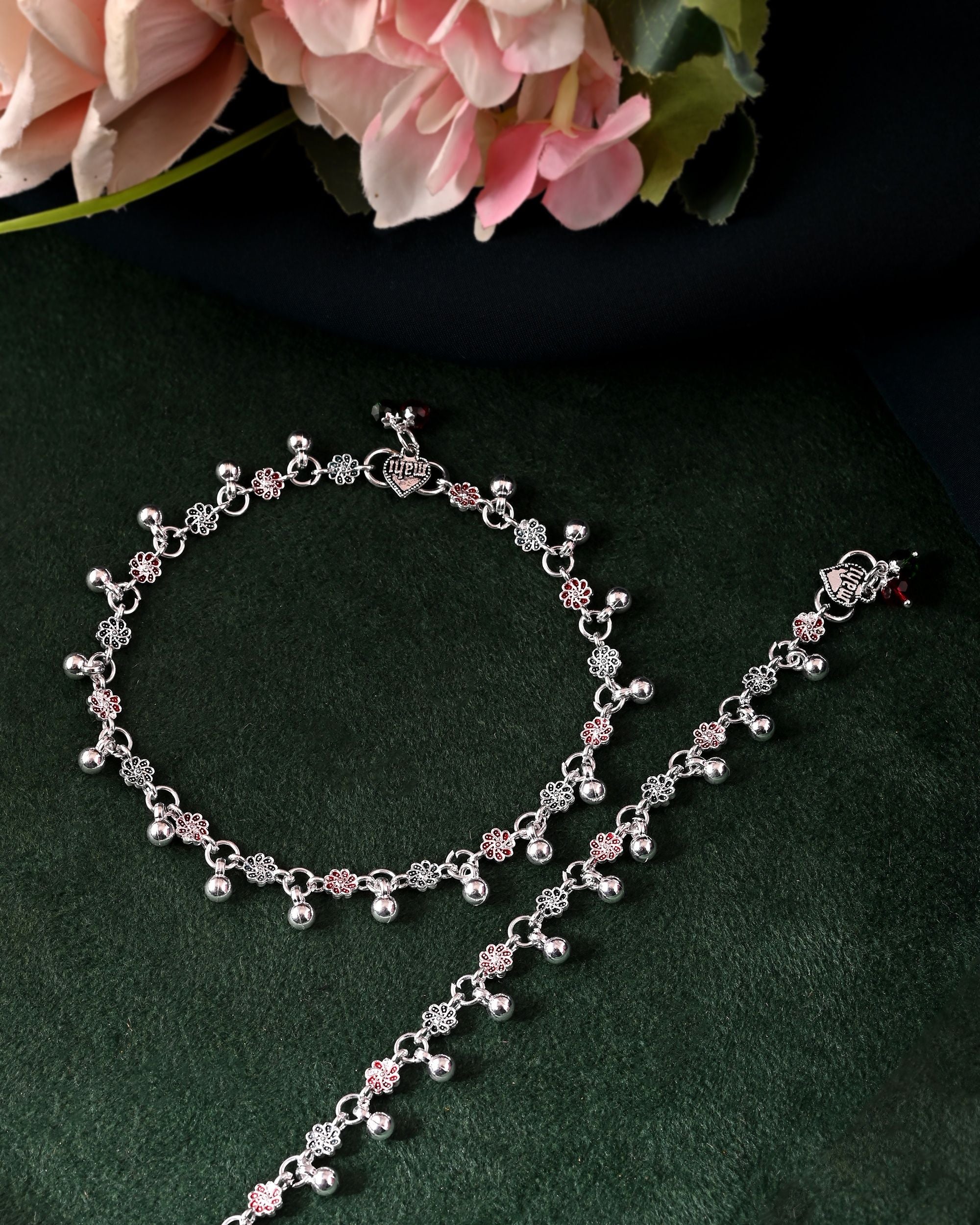 VOJ Set of 2 Silver Plated Floral Designed Meenakari Anklet