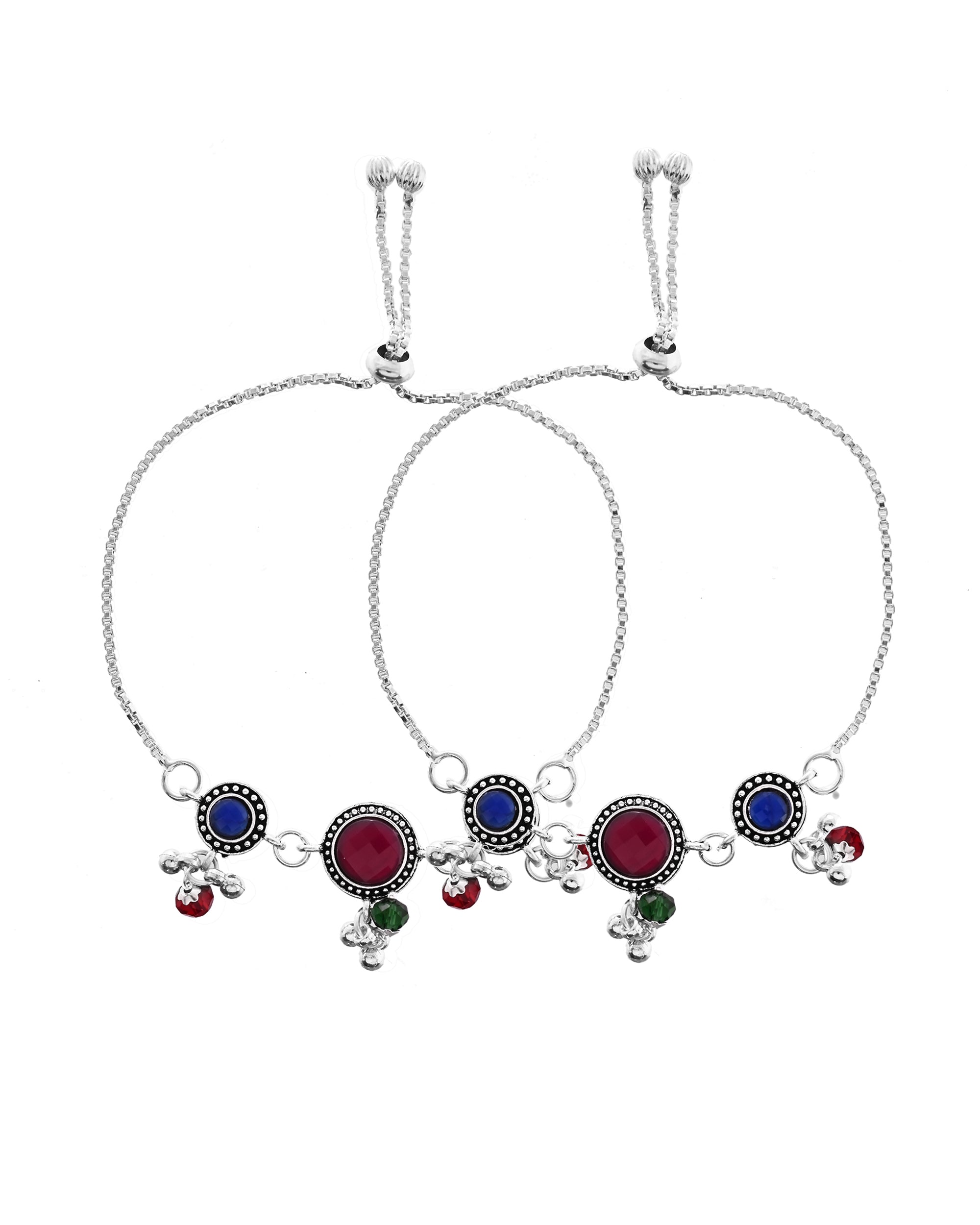 VOJ Set of 2 Silver Plated Circular Designed Stone Studded Anklet