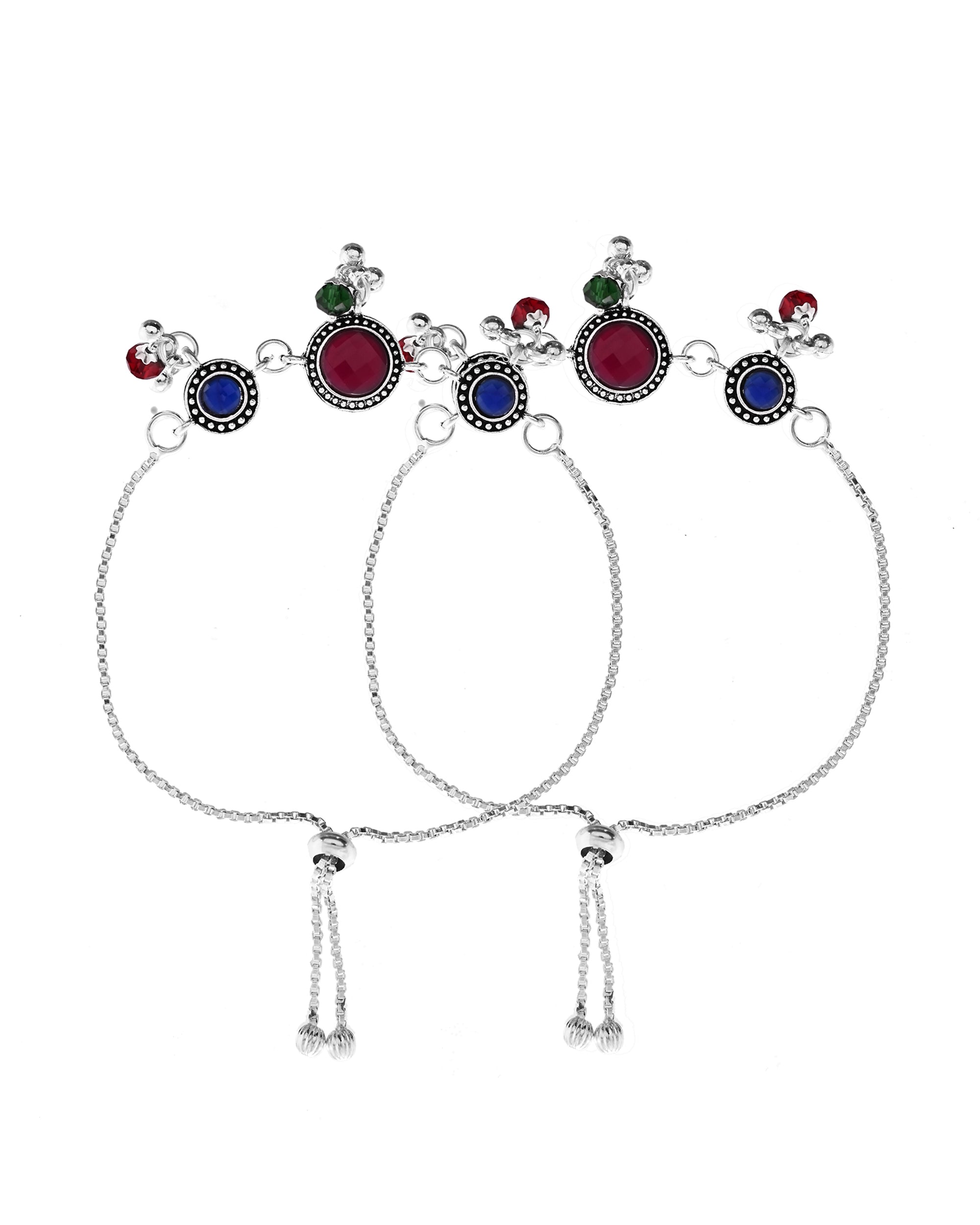 VOJ Set of 2 Silver Plated Circular Designed Stone Studded Anklet