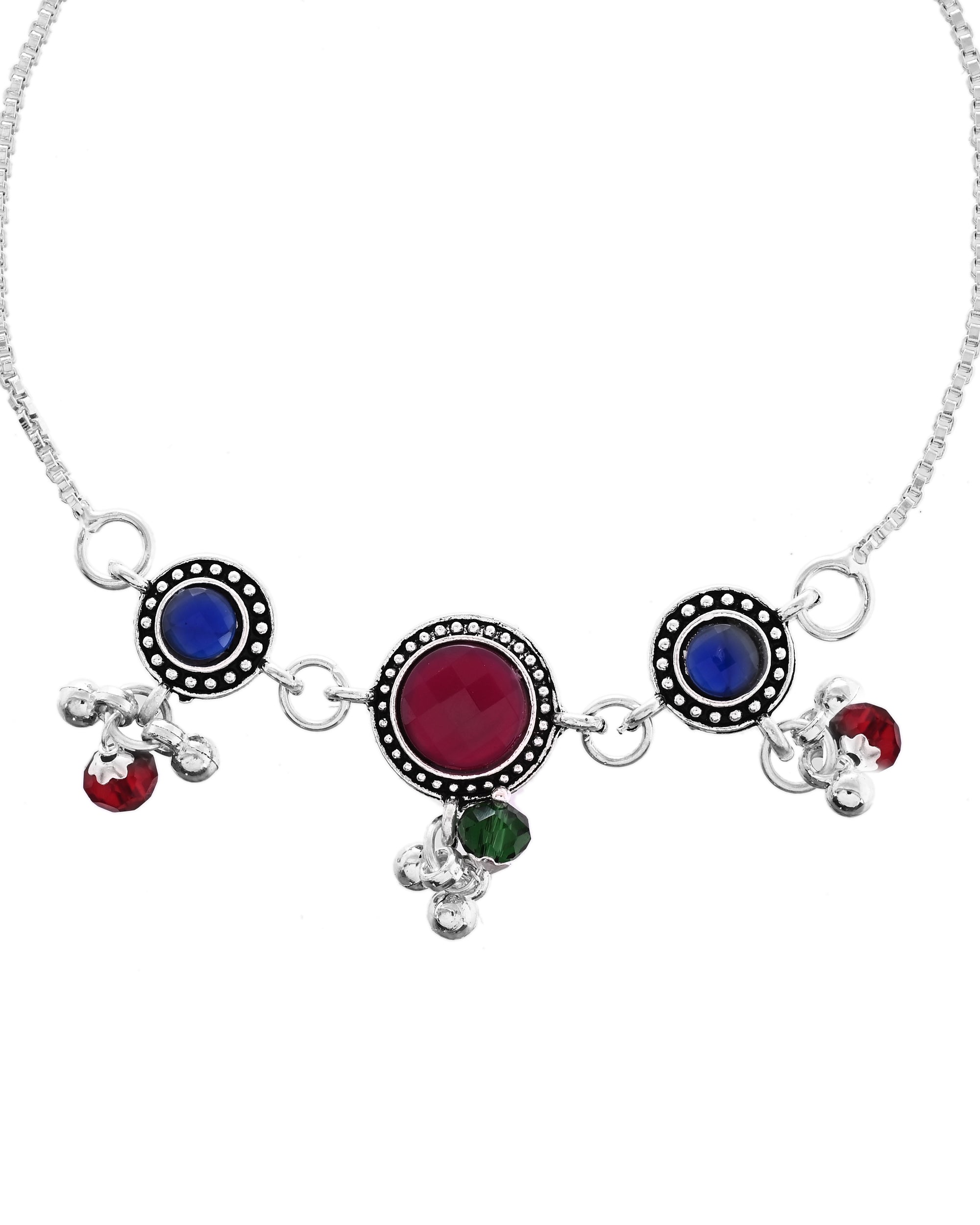 VOJ Set of 2 Silver Plated Circular Designed Stone Studded Anklet