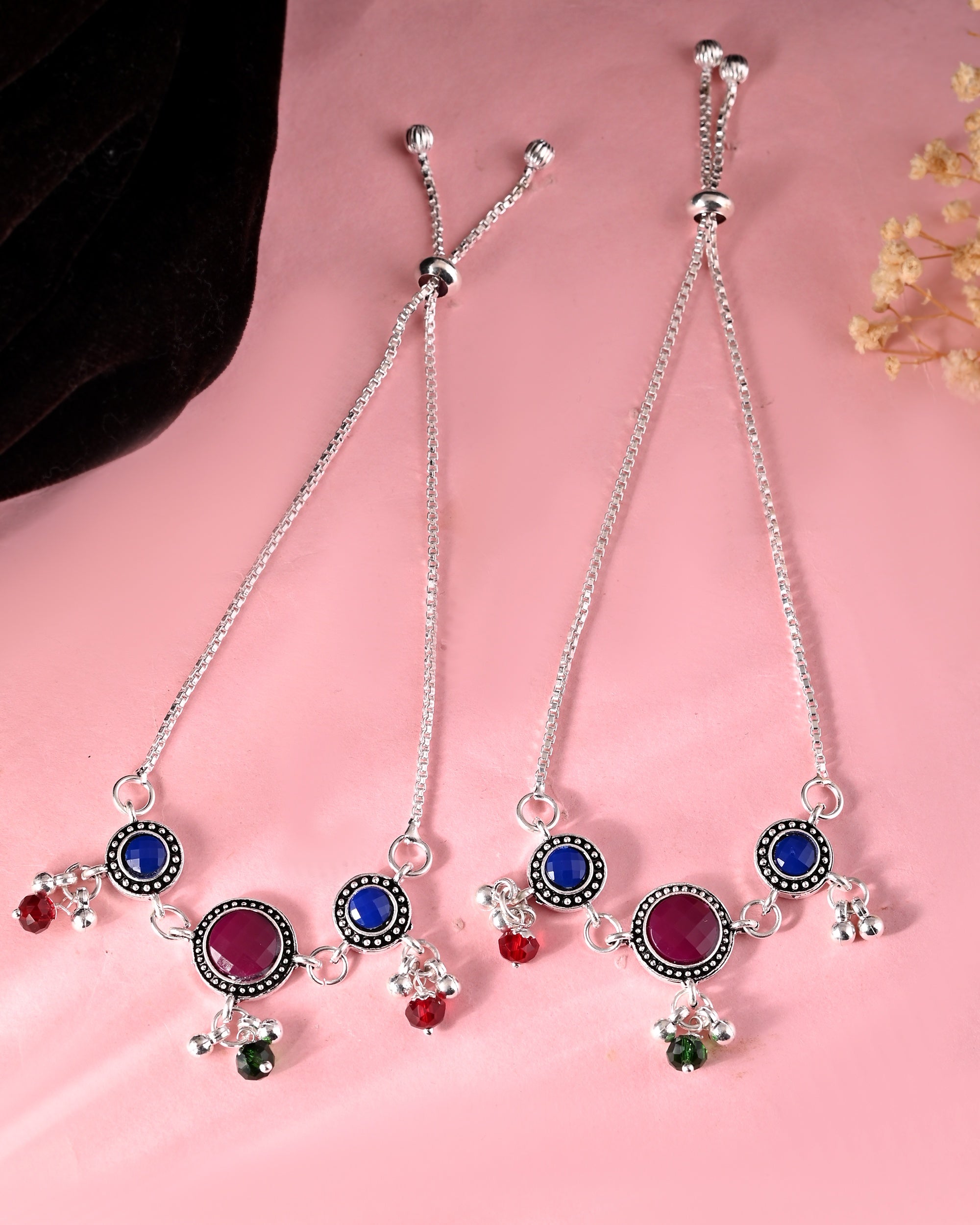 VOJ Set of 2 Silver Plated Circular Designed Stone Studded Anklet