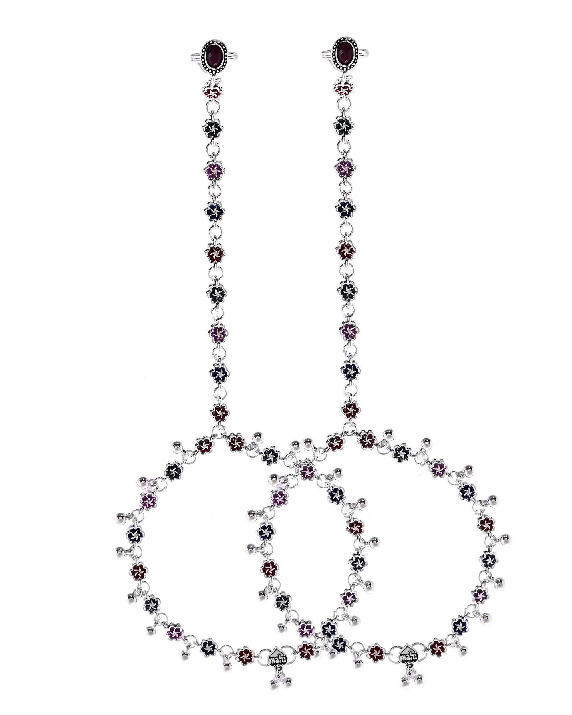 VOJ Set of 2 Floral Designer Meenakari Anklet with Toe Ring