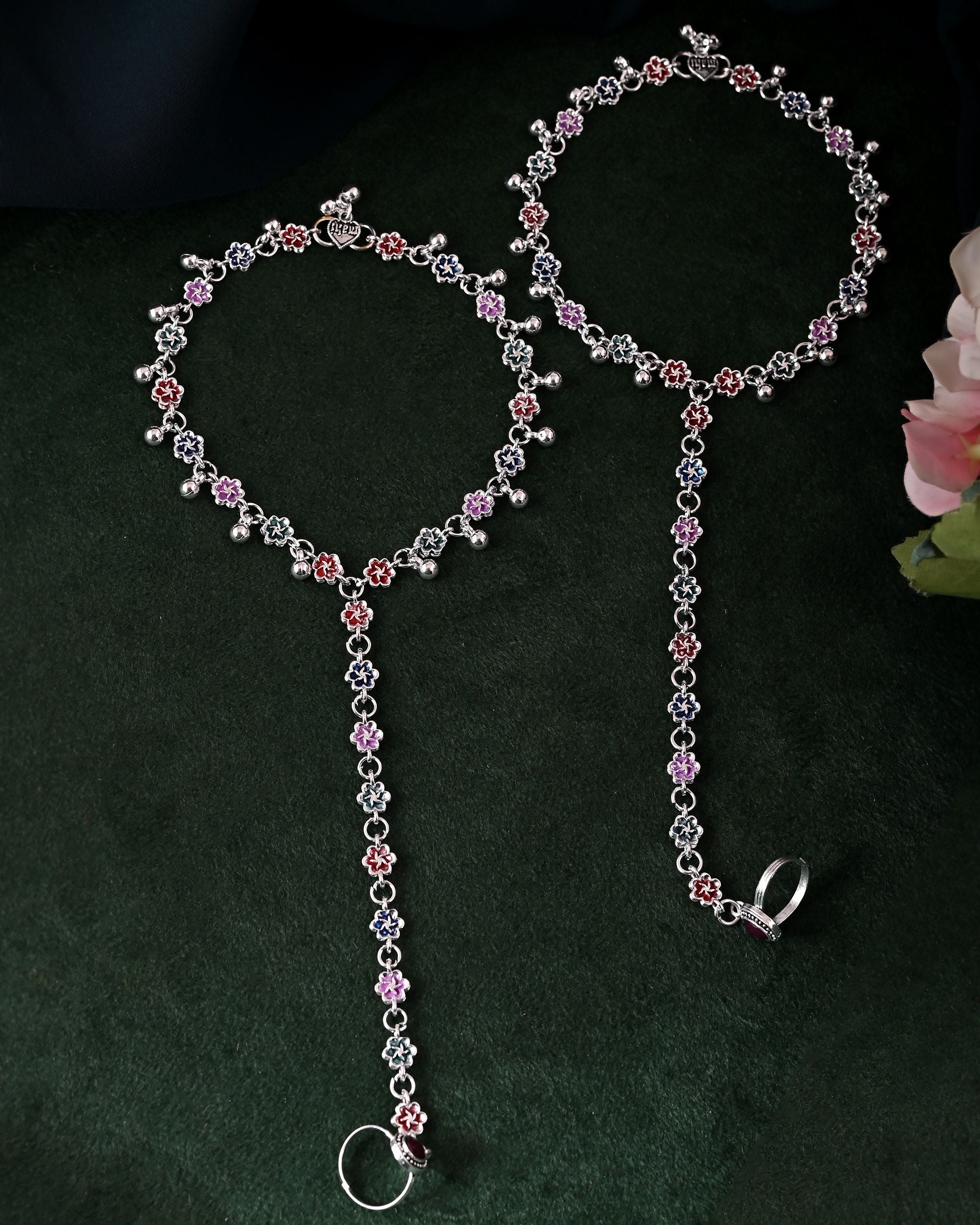 VOJ Set of 2 Floral Designer Meenakari Anklet with Toe Ring