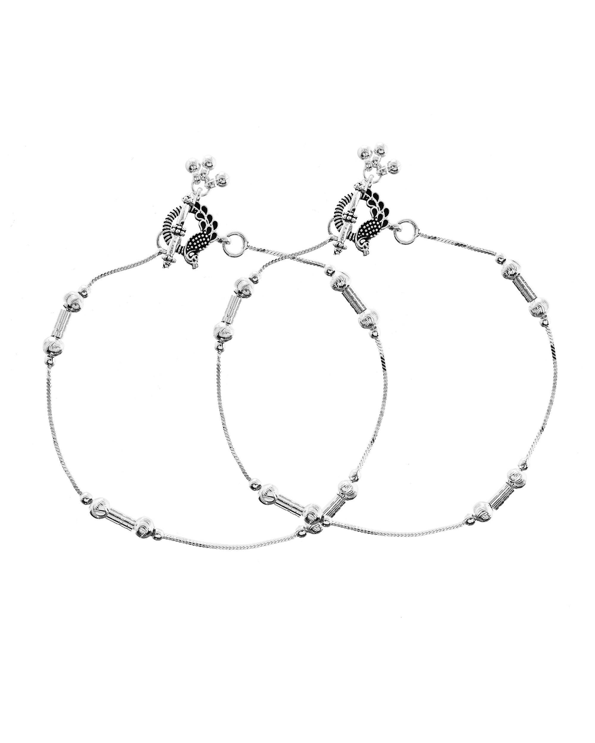 VOJ Set of 2 Silver Plated Pipe Shaped Designer Anklet