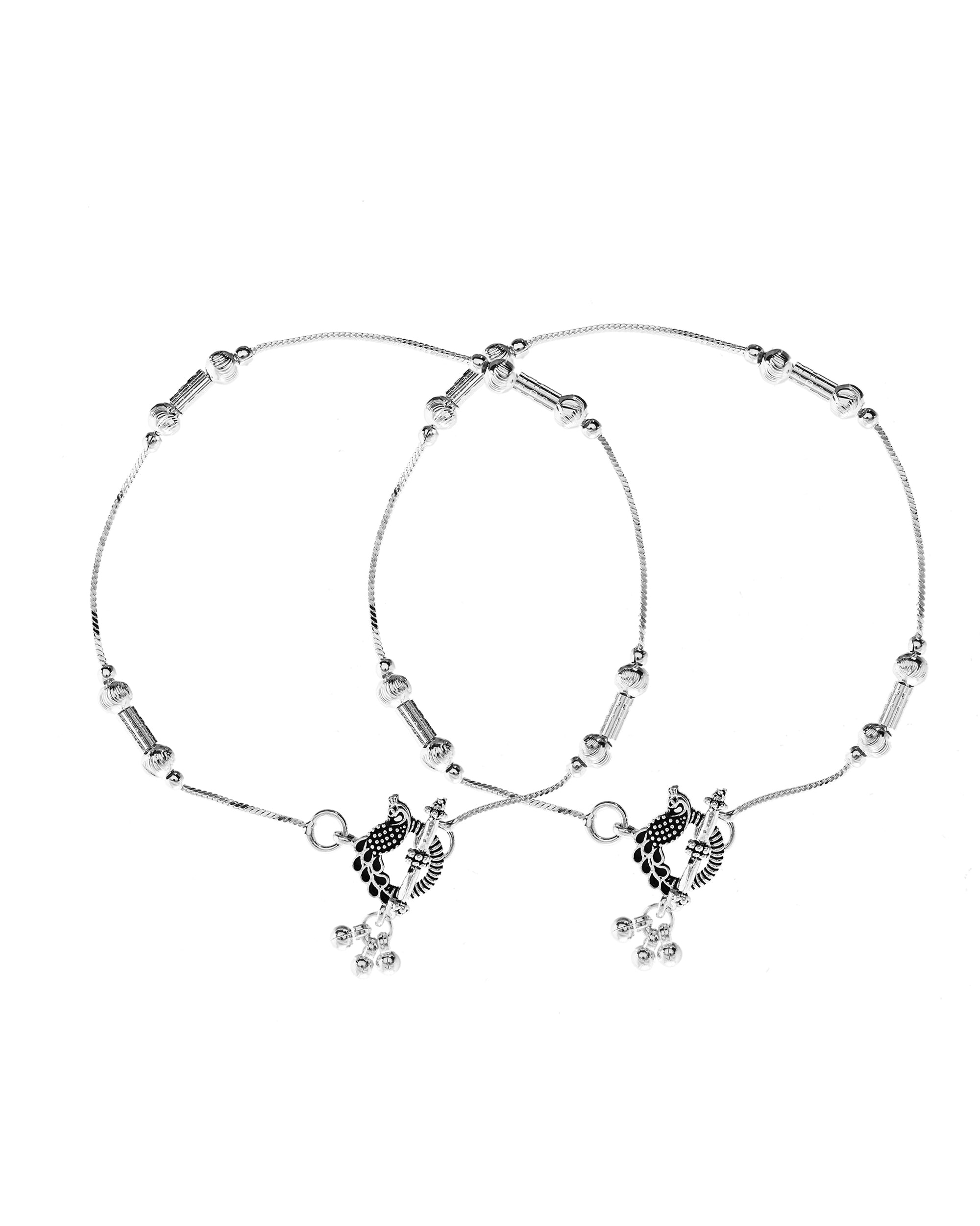 VOJ Set of 2 Silver Plated Pipe Shaped Designer Anklet