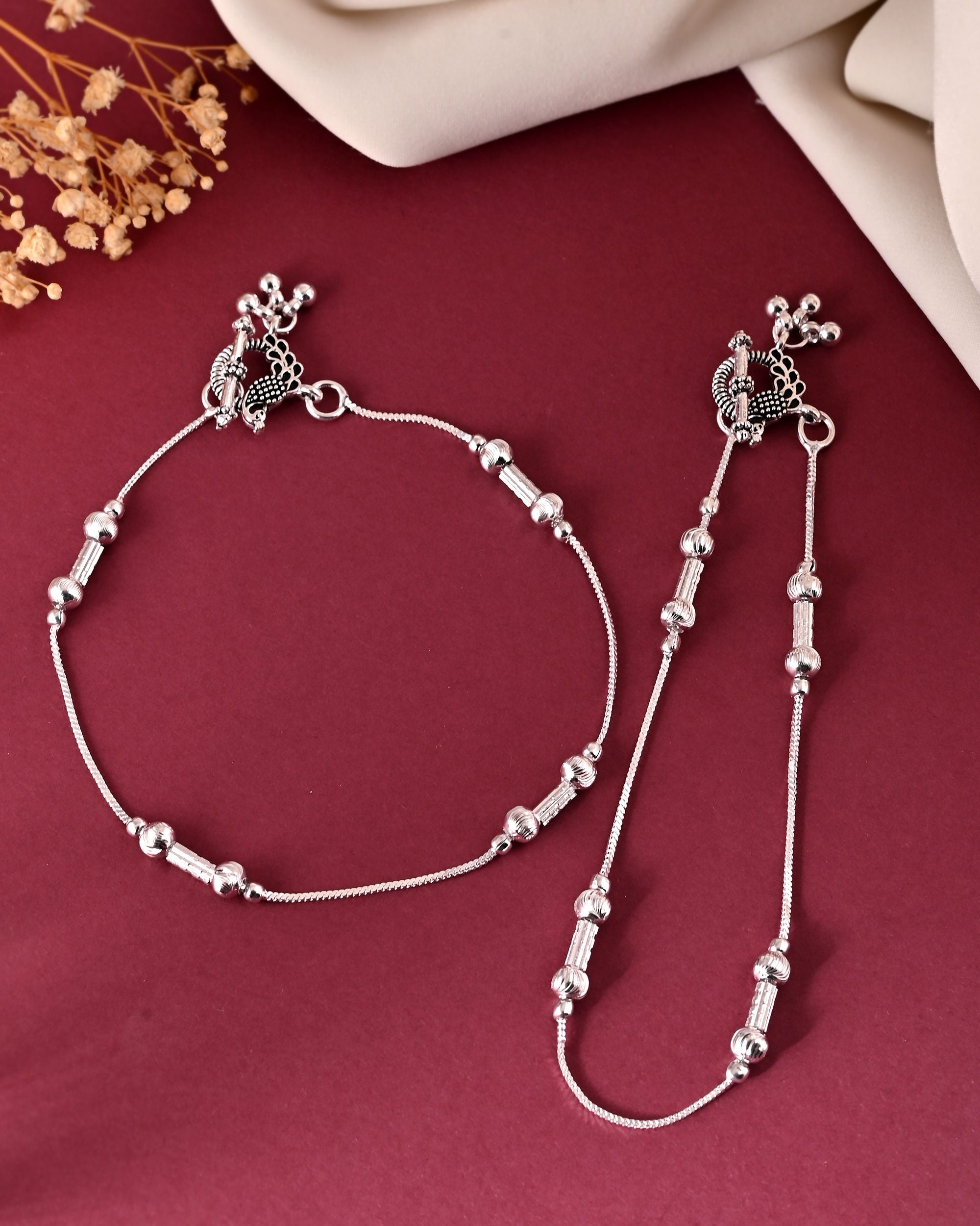 VOJ Set of 2 Silver Plated Pipe Shaped Designer Anklet