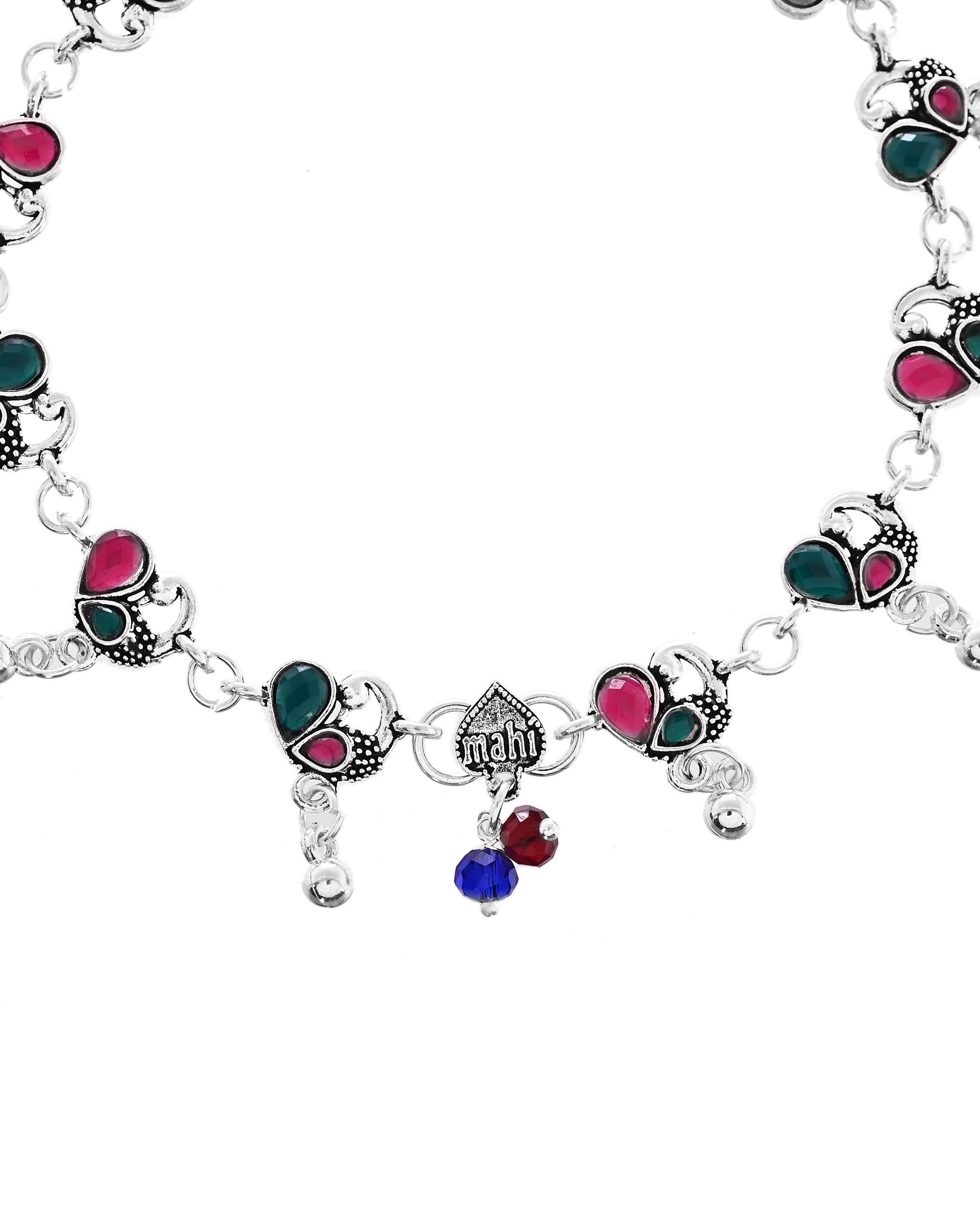 VOJ Set of 2 Silver Plated Peacock Shaped Stone Studded Anklet