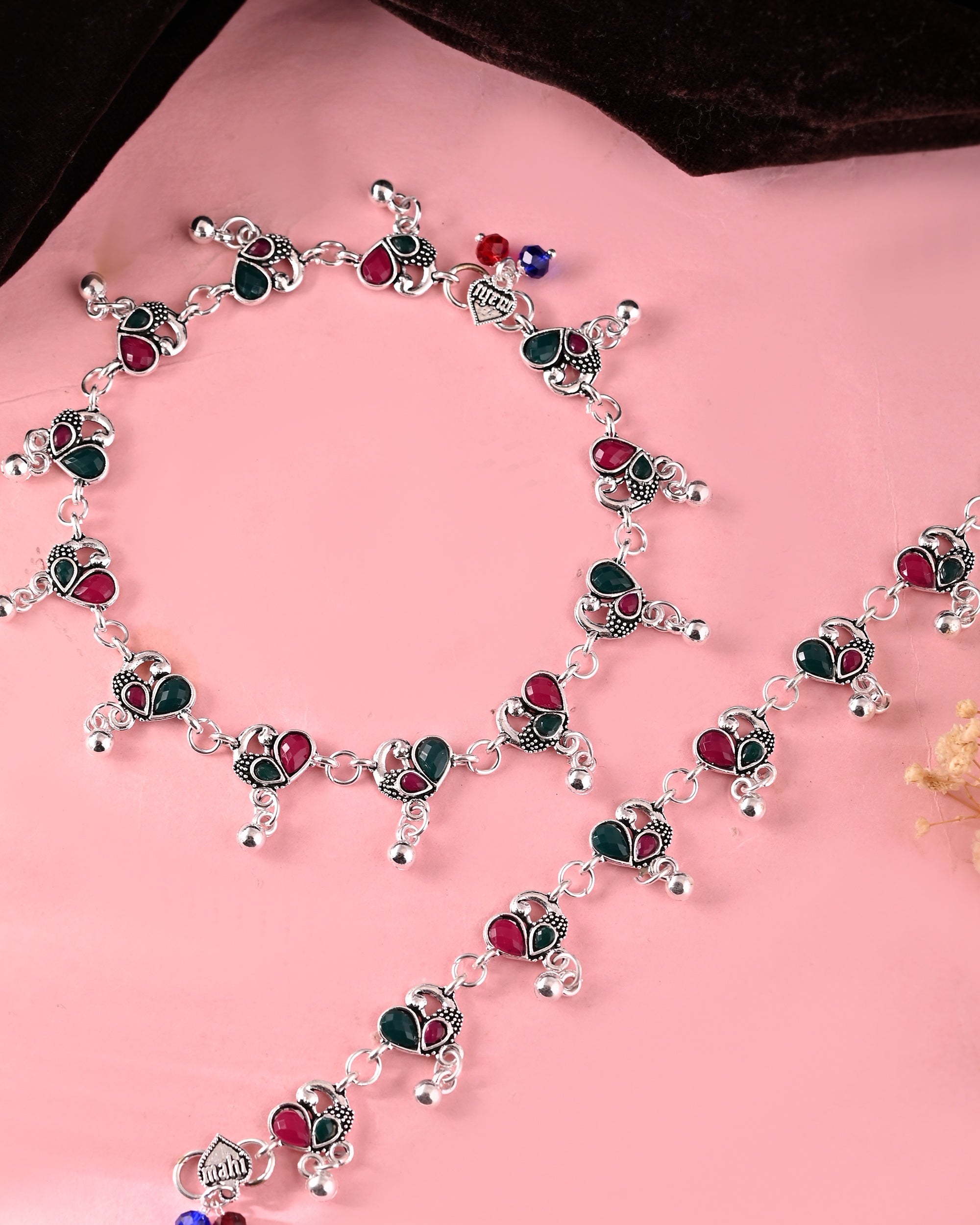 VOJ Set of 2 Silver Plated Peacock Shaped Stone Studded Anklet