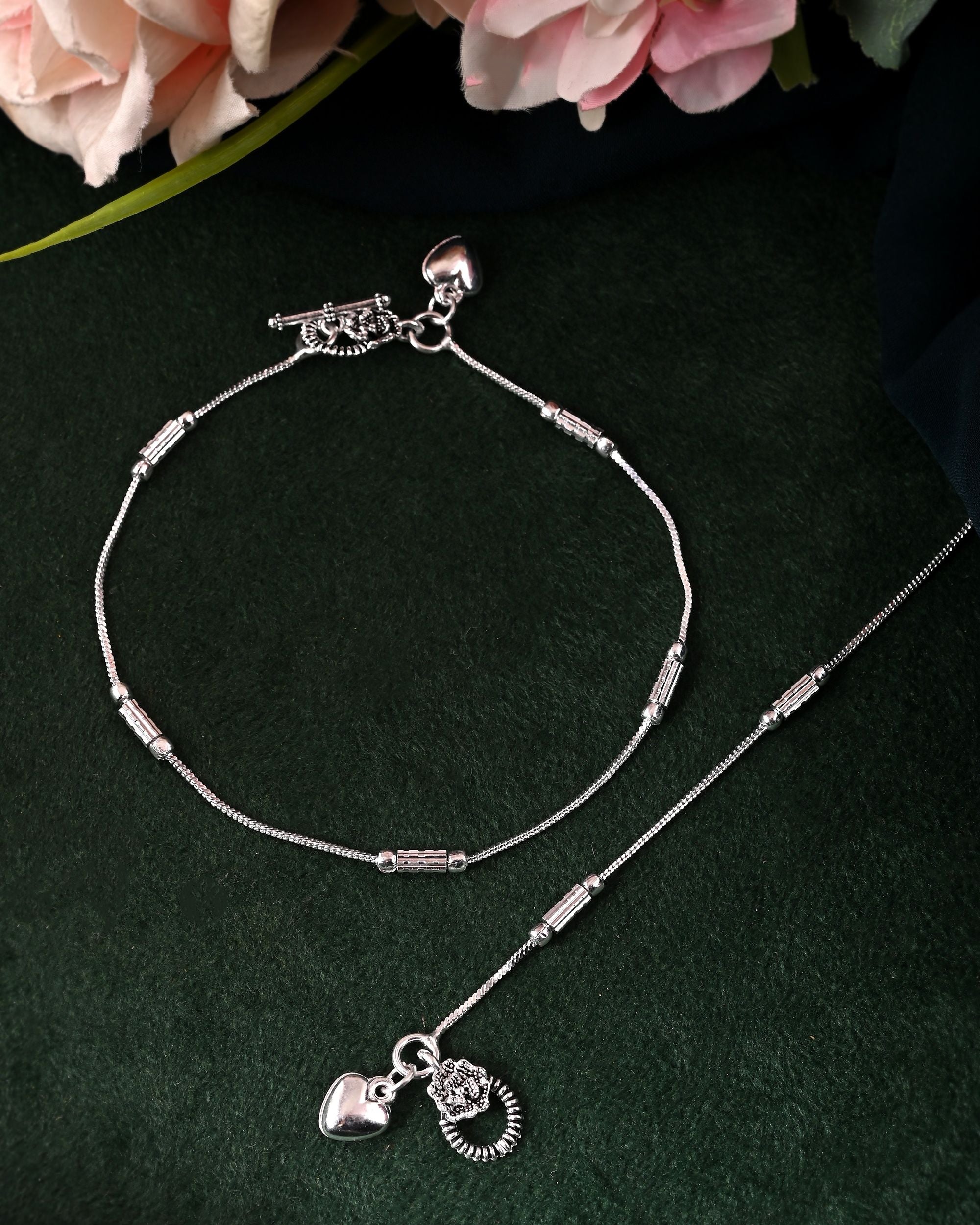 VOJ Set of 2 Silver Plated Pipe Shaped Handcrafted Anklet