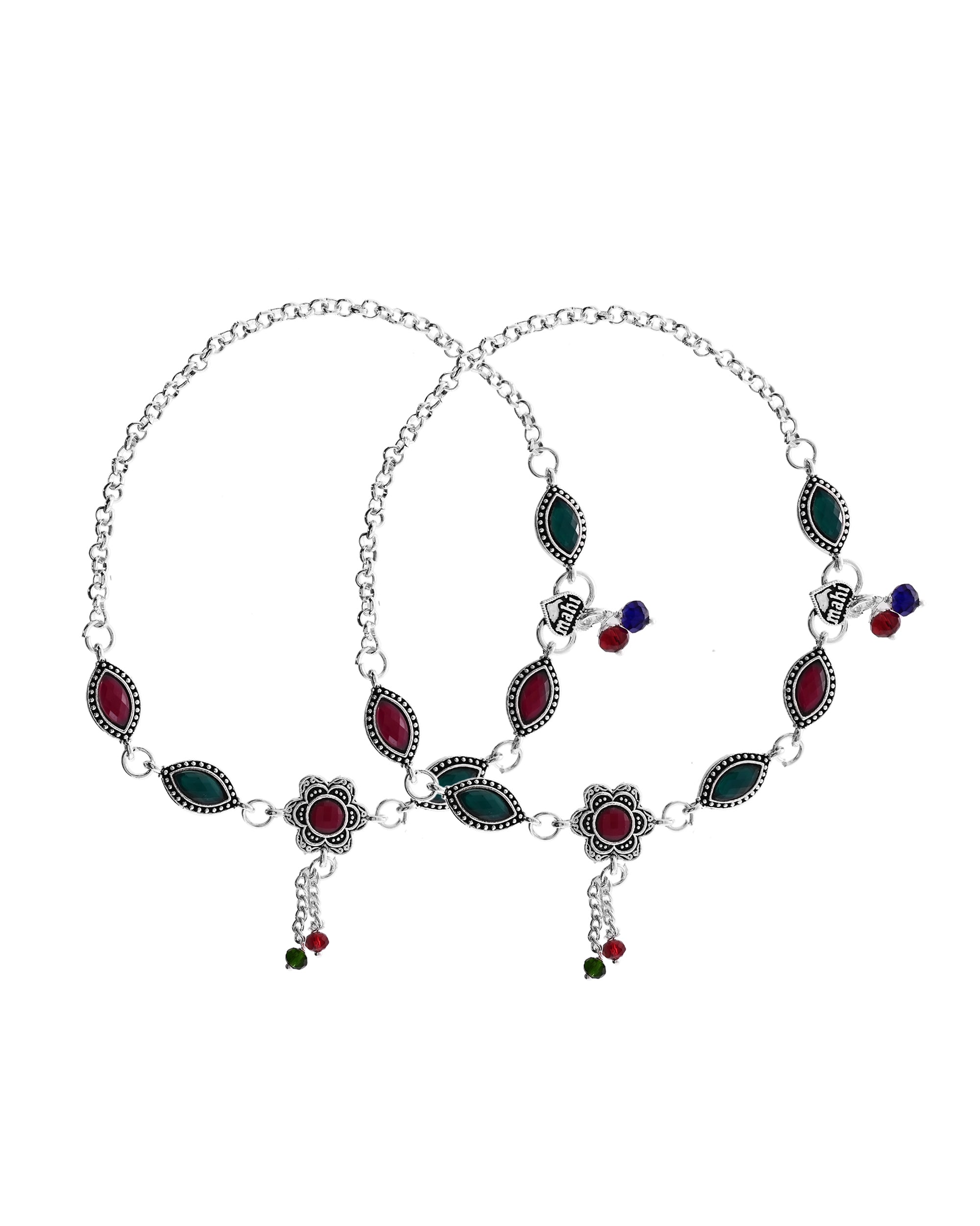 VOJ Set of 2 Silver Plated Floral Shaped Stone Studded Anklet