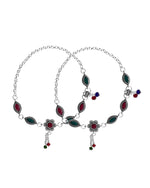 Thumbnail for VOJ Set of 2 Silver Plated Floral Shaped Stone Studded Anklet