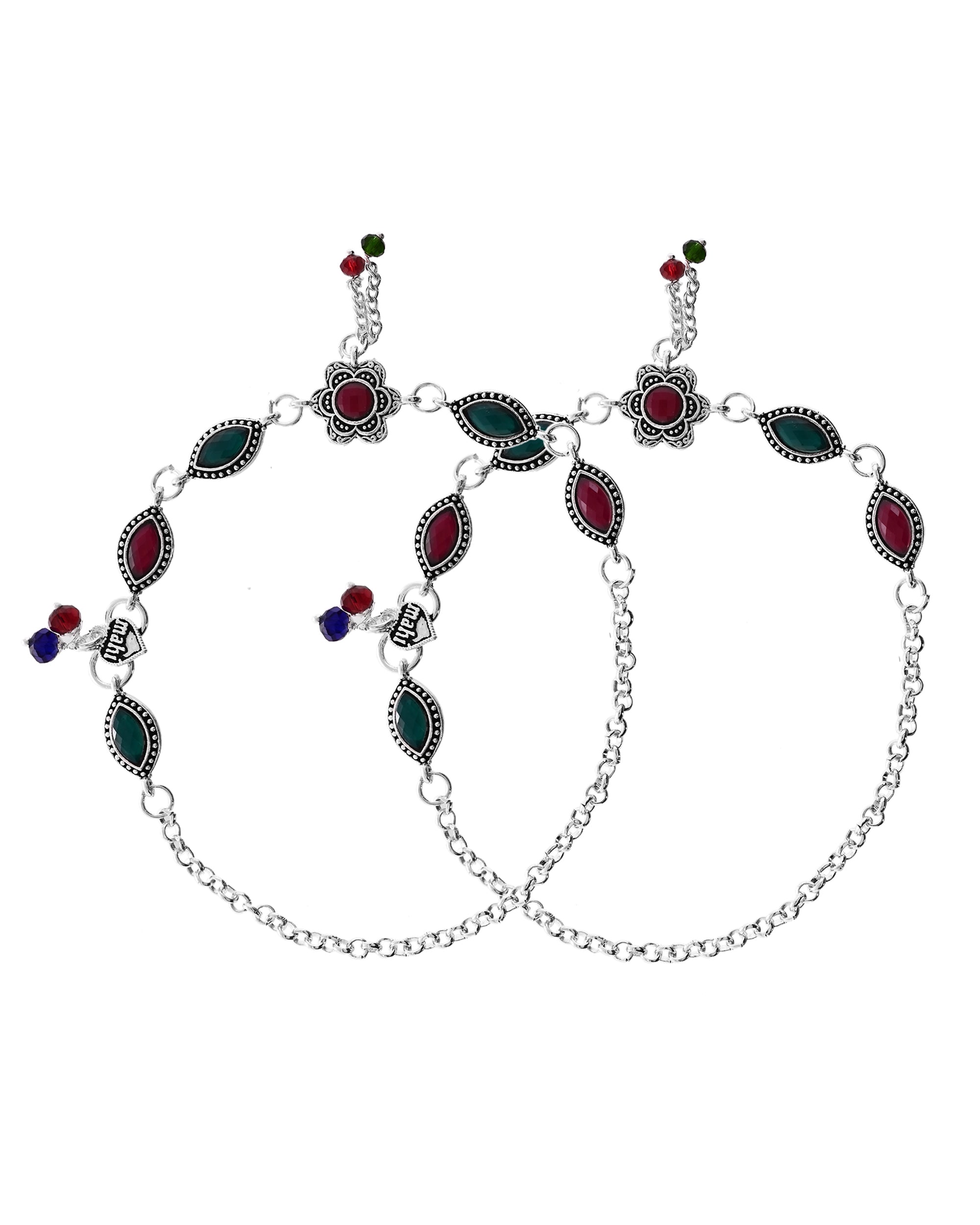 VOJ Set of 2 Silver Plated Floral Shaped Stone Studded Anklet