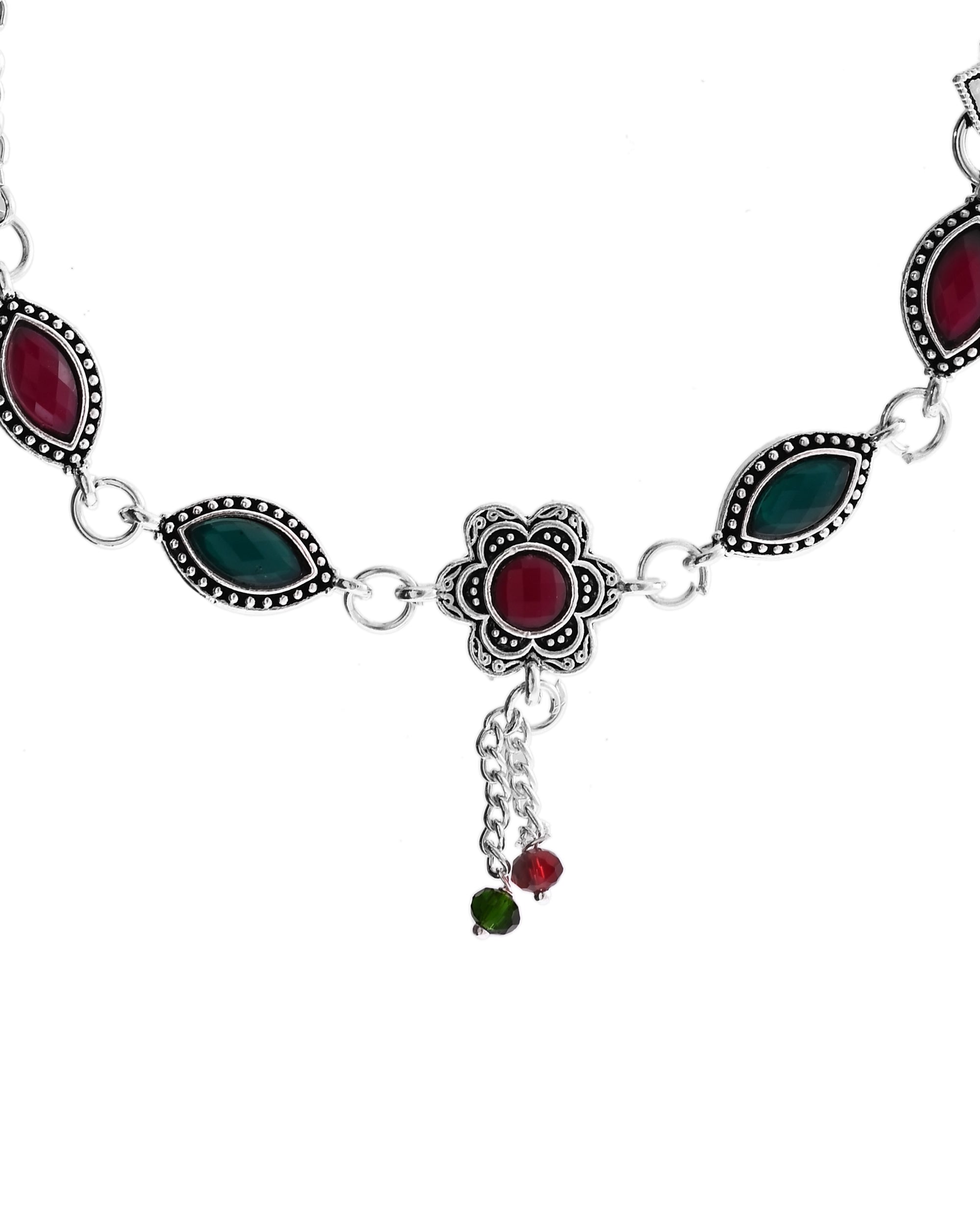 VOJ Set of 2 Silver Plated Floral Shaped Stone Studded Anklet