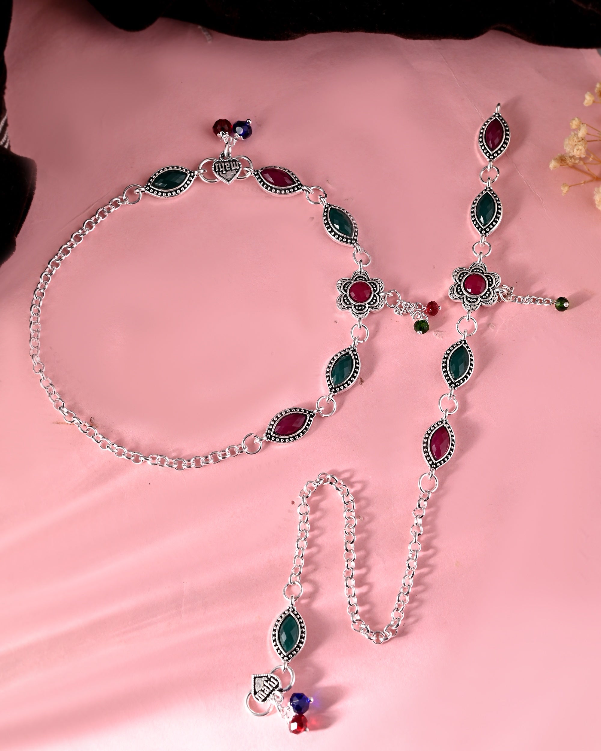 VOJ Set of 2 Silver Plated Floral Shaped Stone Studded Anklet
