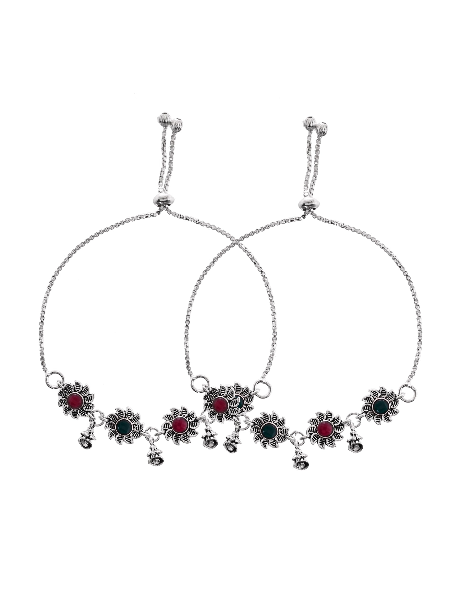 VOJ Set of 2 Silver Plated Floral Designed Stone Studded Anklet