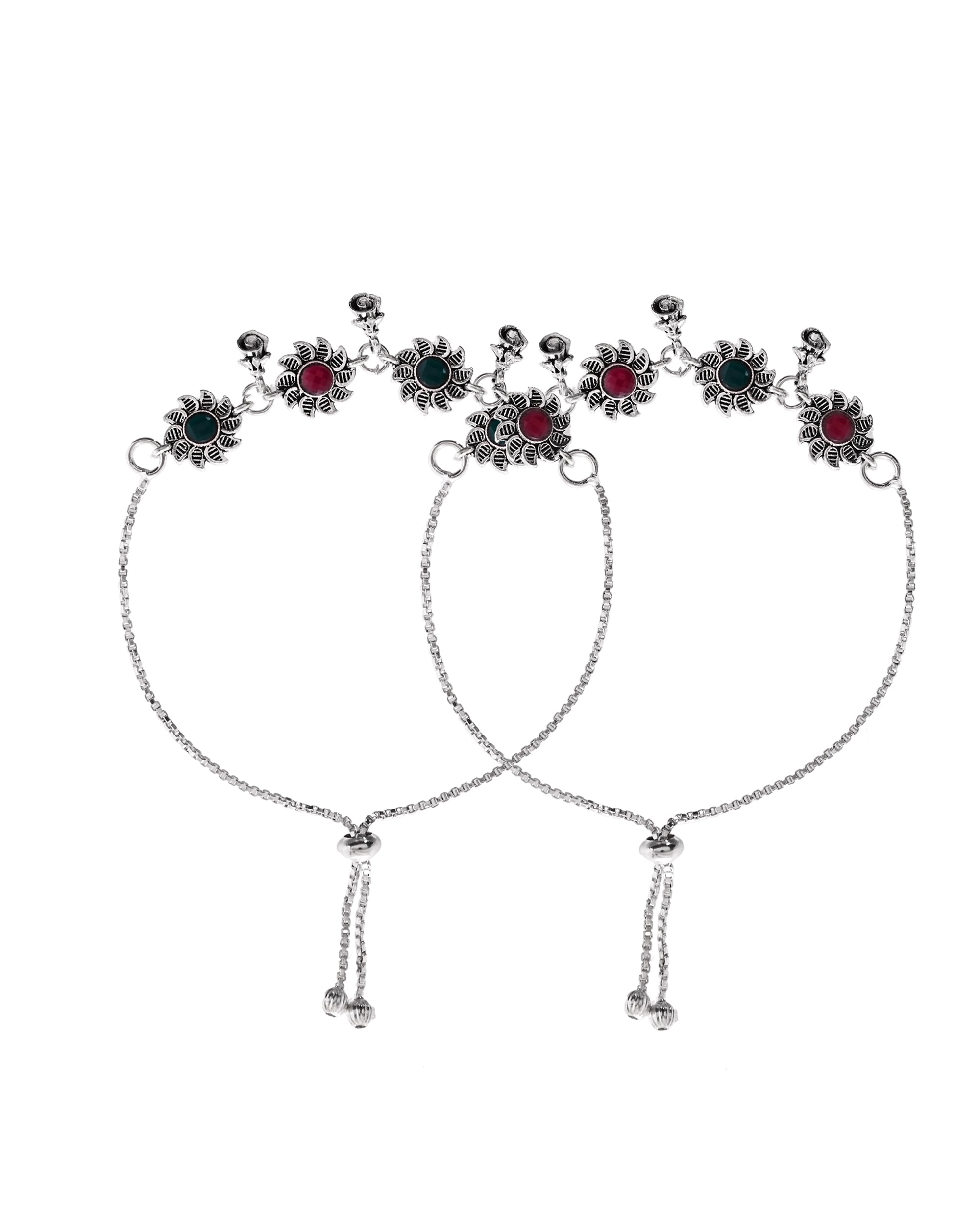 VOJ Set of 2 Silver Plated Floral Designed Stone Studded Anklet