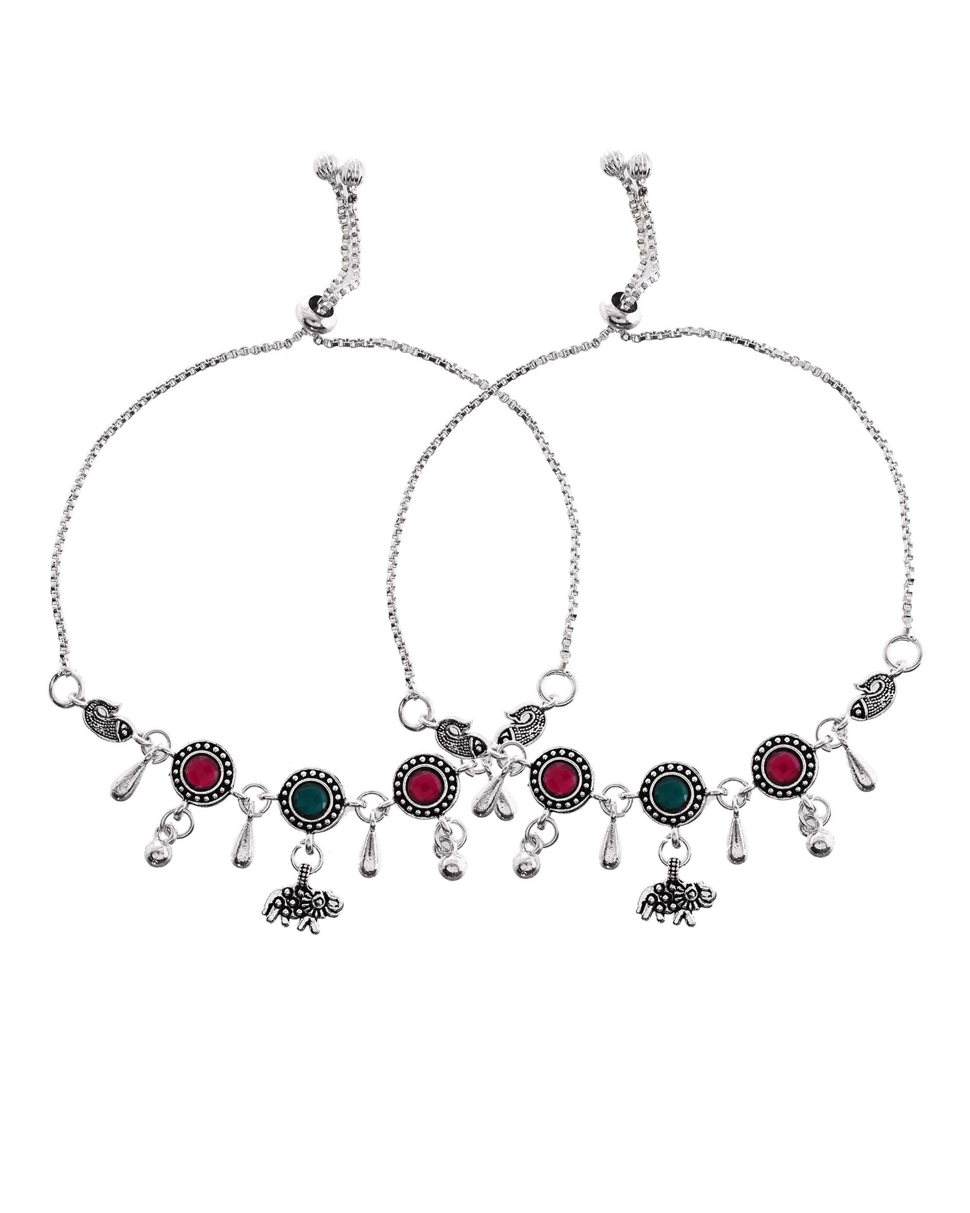 VOJ Set of 2 Silver Plated Stone Studded Designer Anklet