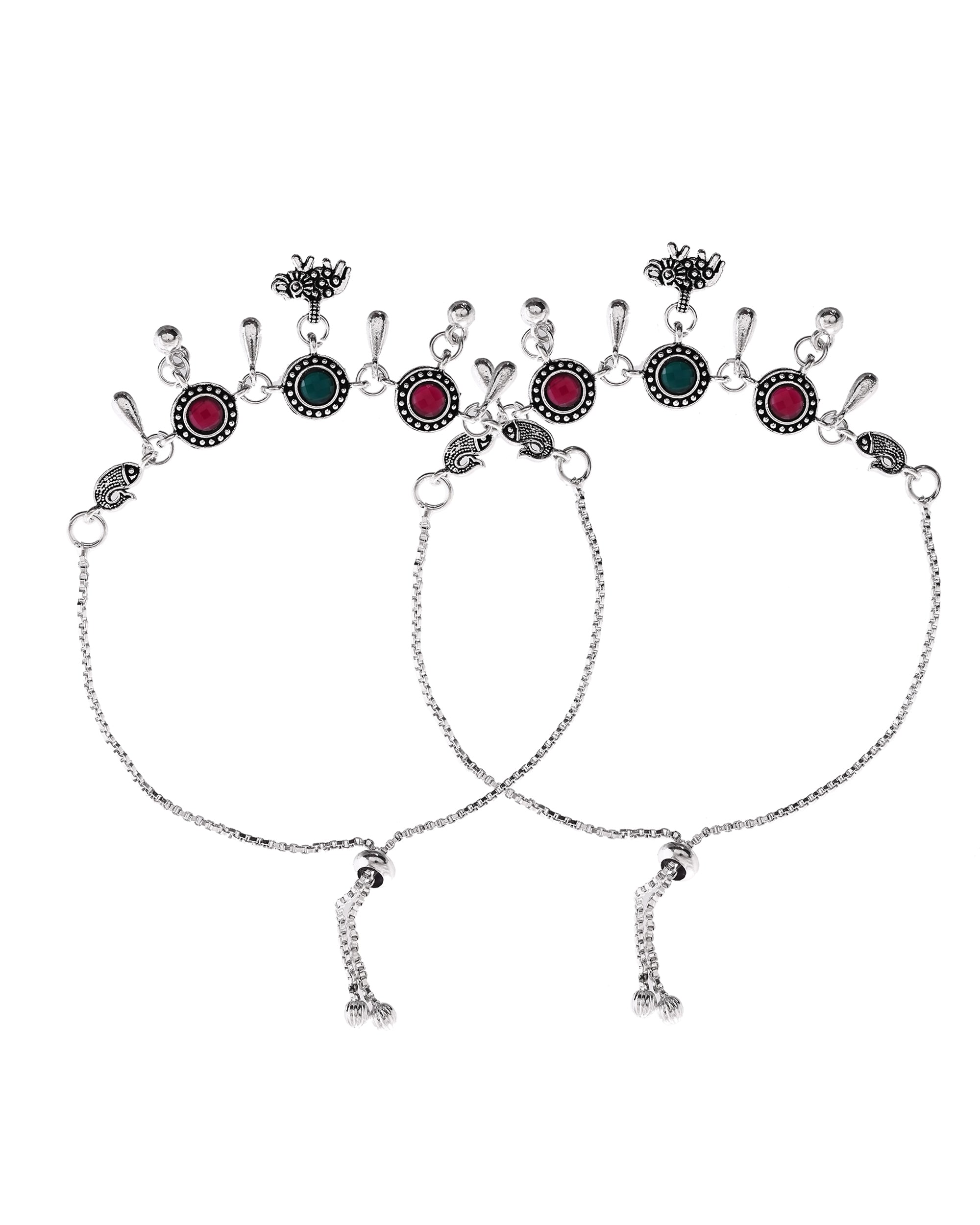 VOJ Set of 2 Silver Plated Stone Studded Designer Anklet
