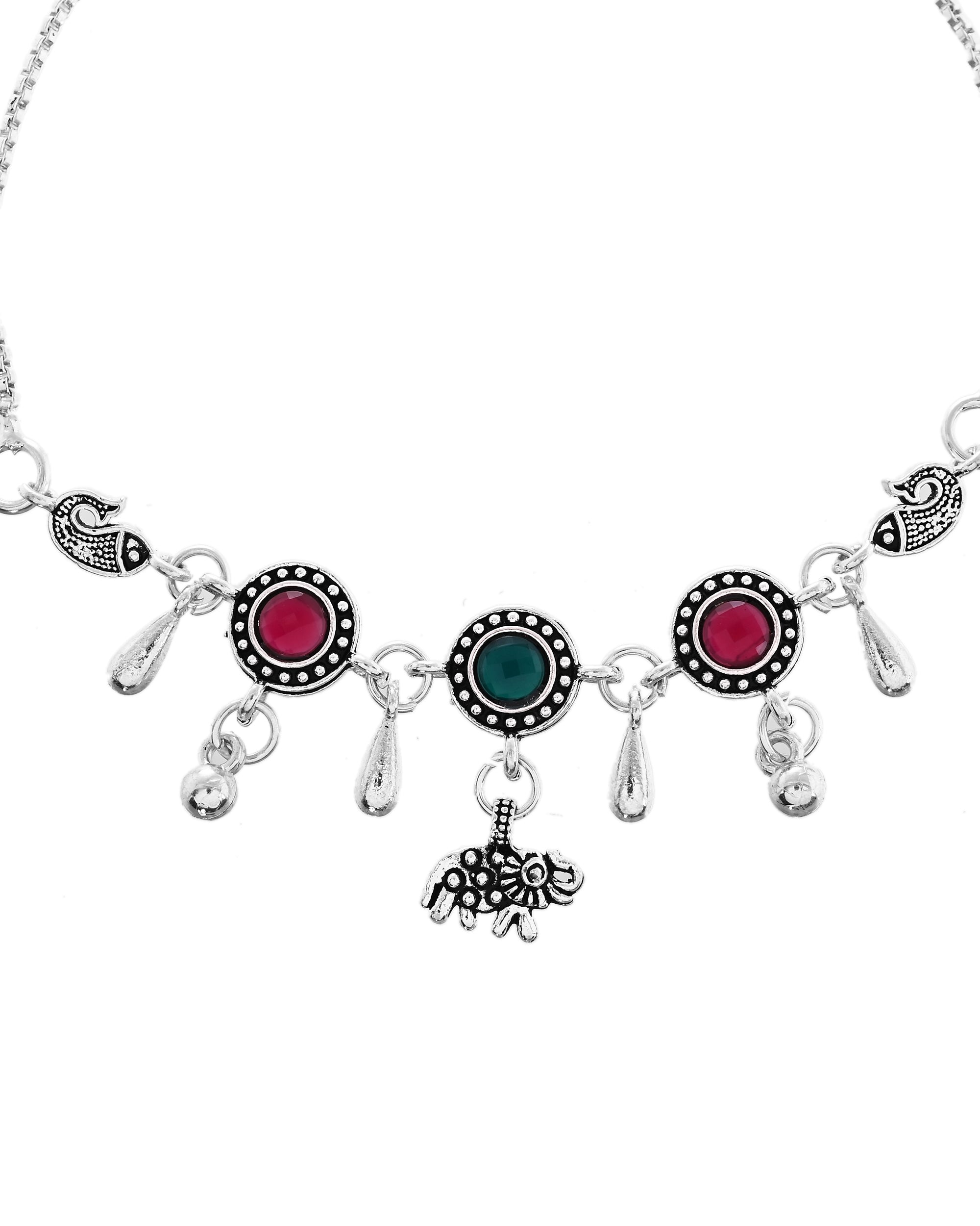 VOJ Set of 2 Silver Plated Stone Studded Designer Anklet