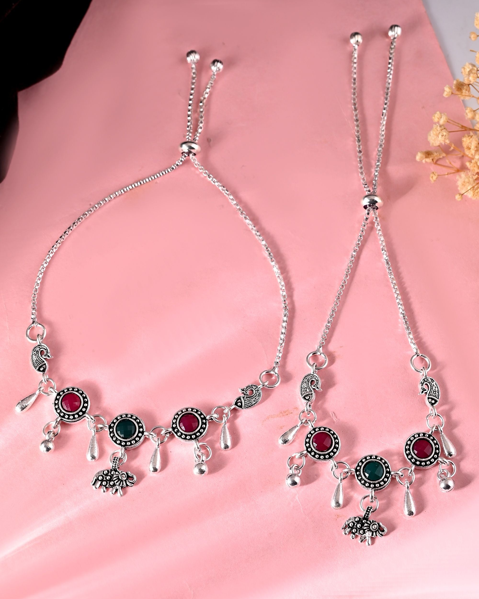 VOJ Set of 2 Silver Plated Stone Studded Designer Anklet