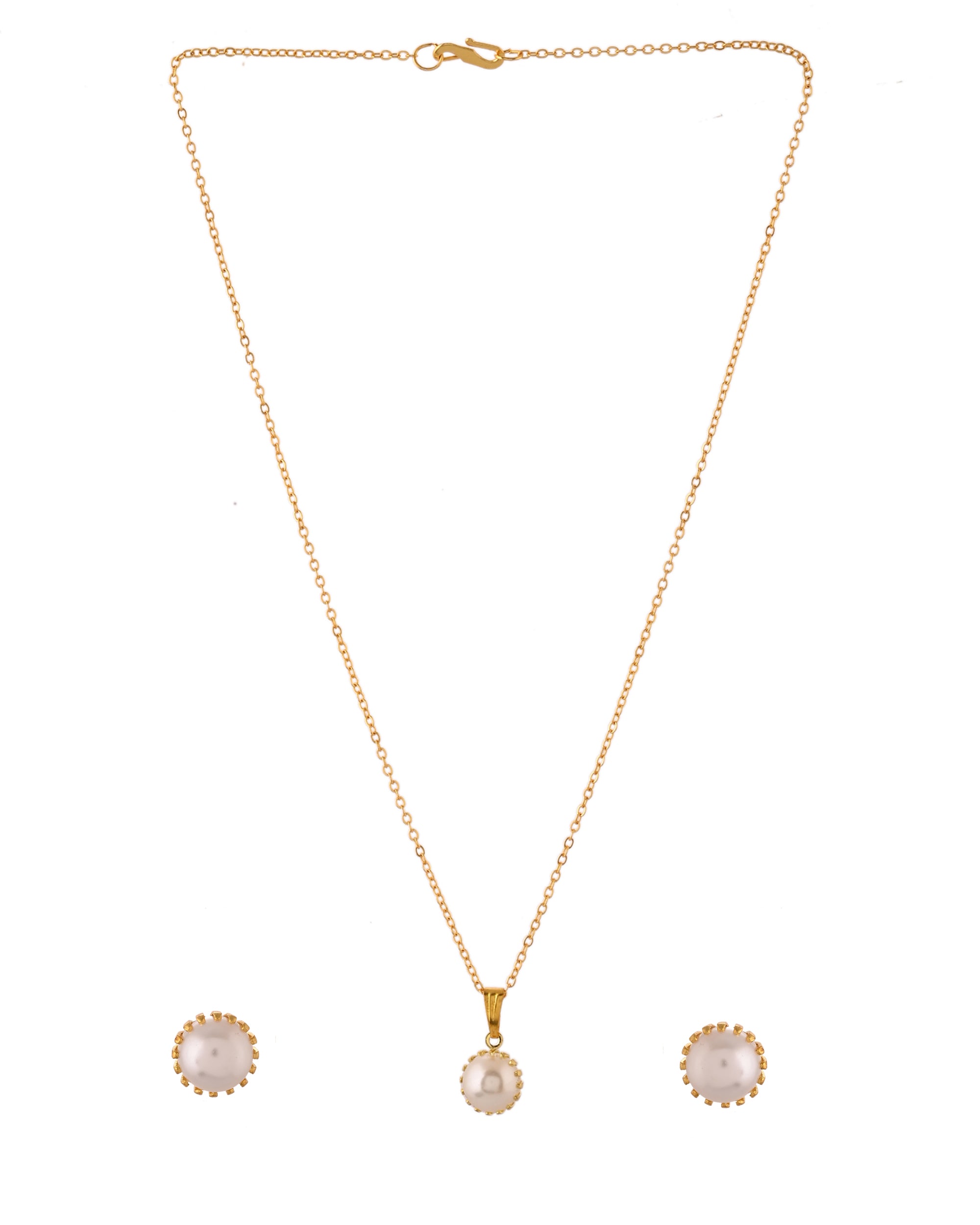 VOJ Gold Polished Stainless Steel White Pearl Studded Chain Set