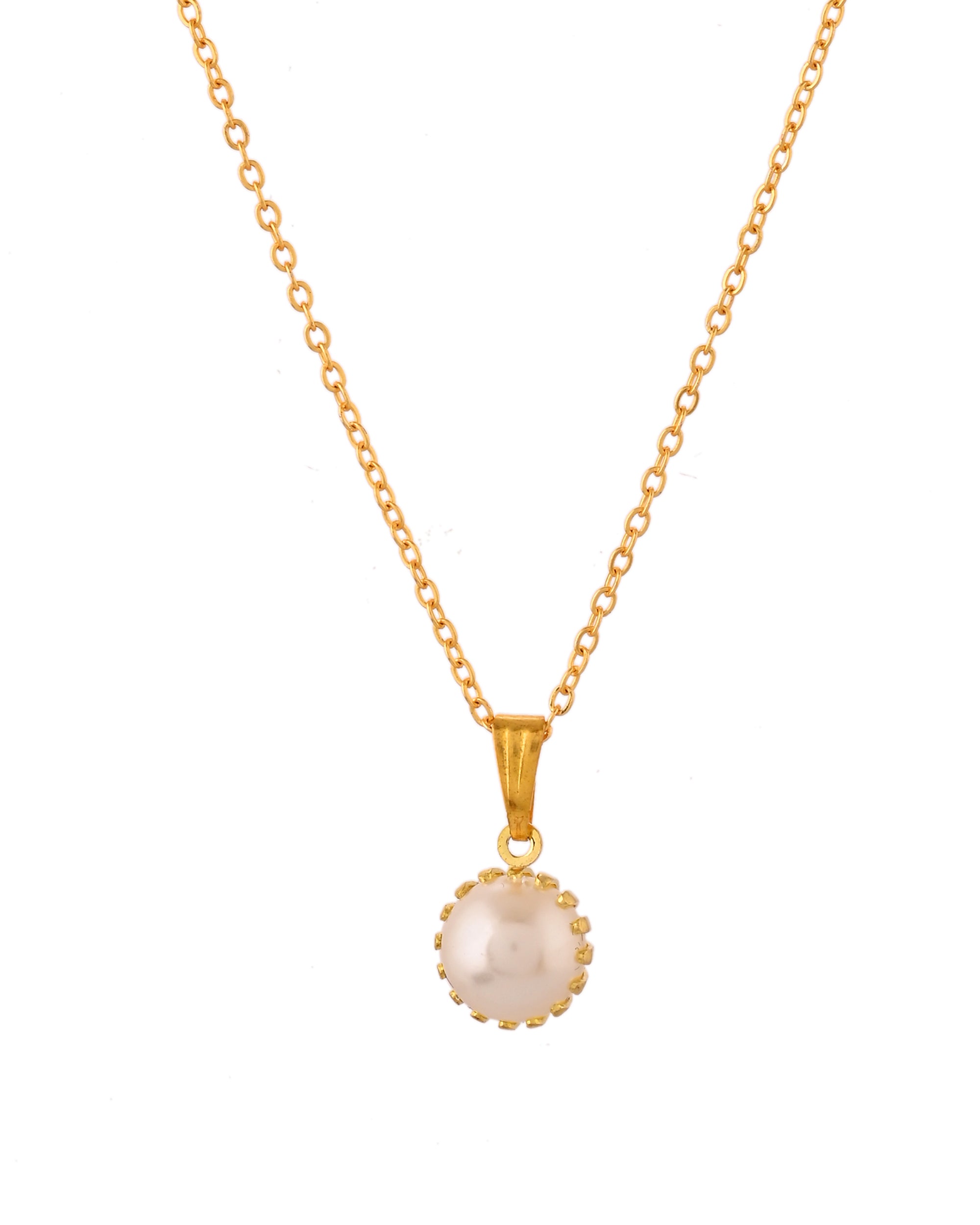 VOJ Gold Polished Stainless Steel White Pearl Studded Chain Set
