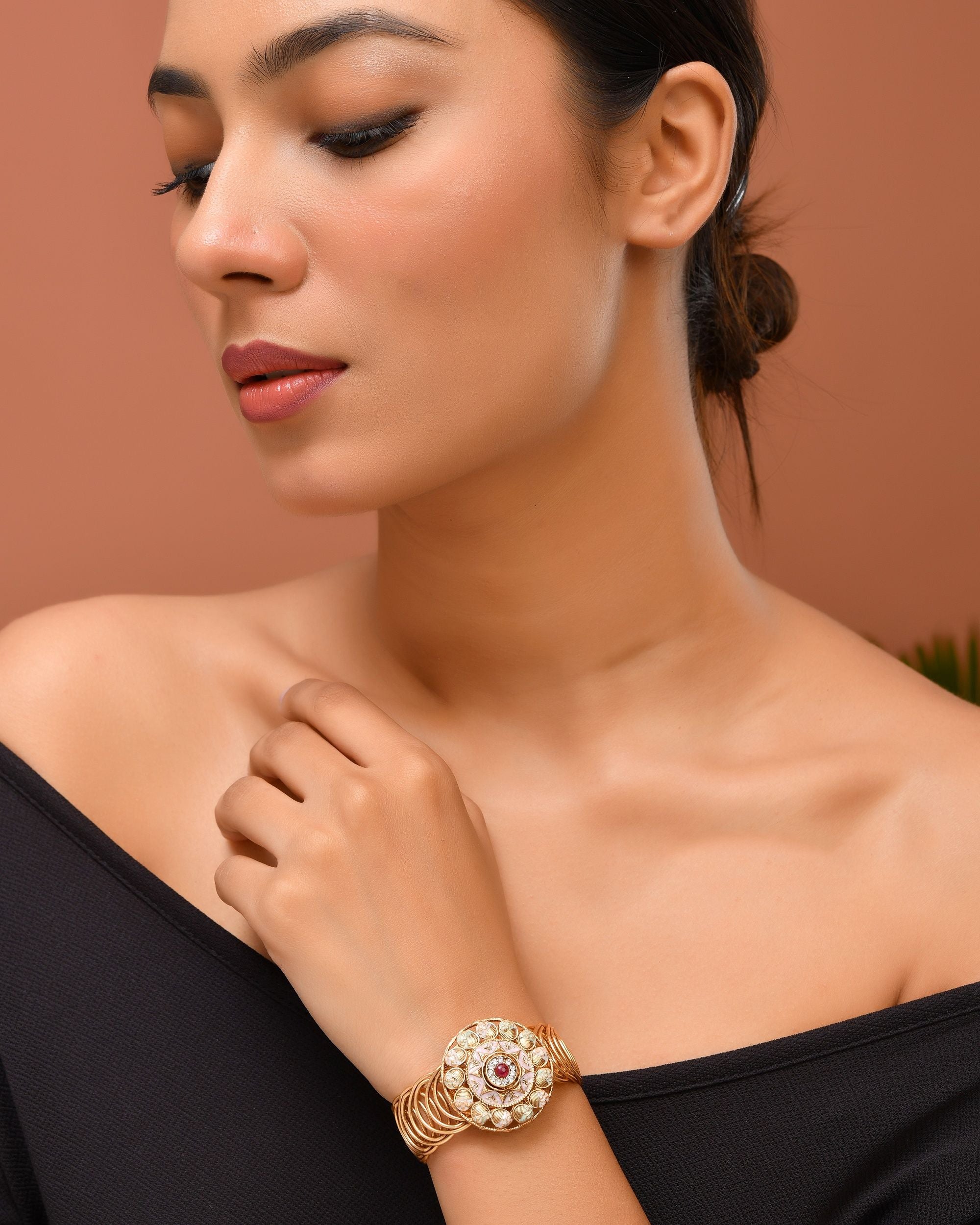 VOJ Stainless Steel Gold Polished Kundan Studded Wraparound Circular Bracelet