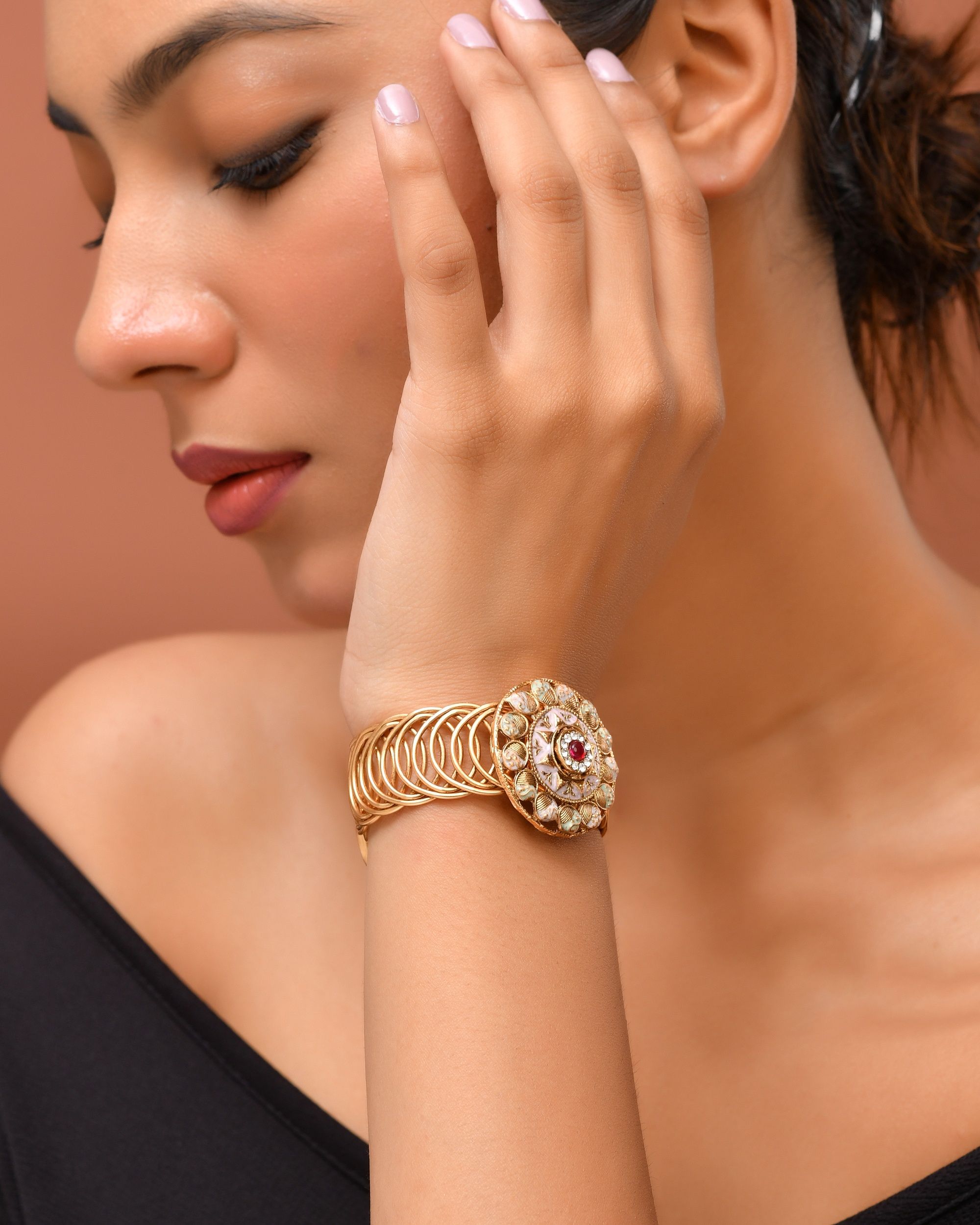 VOJ Stainless Steel Gold Polished Kundan Studded Wraparound Circular Bracelet