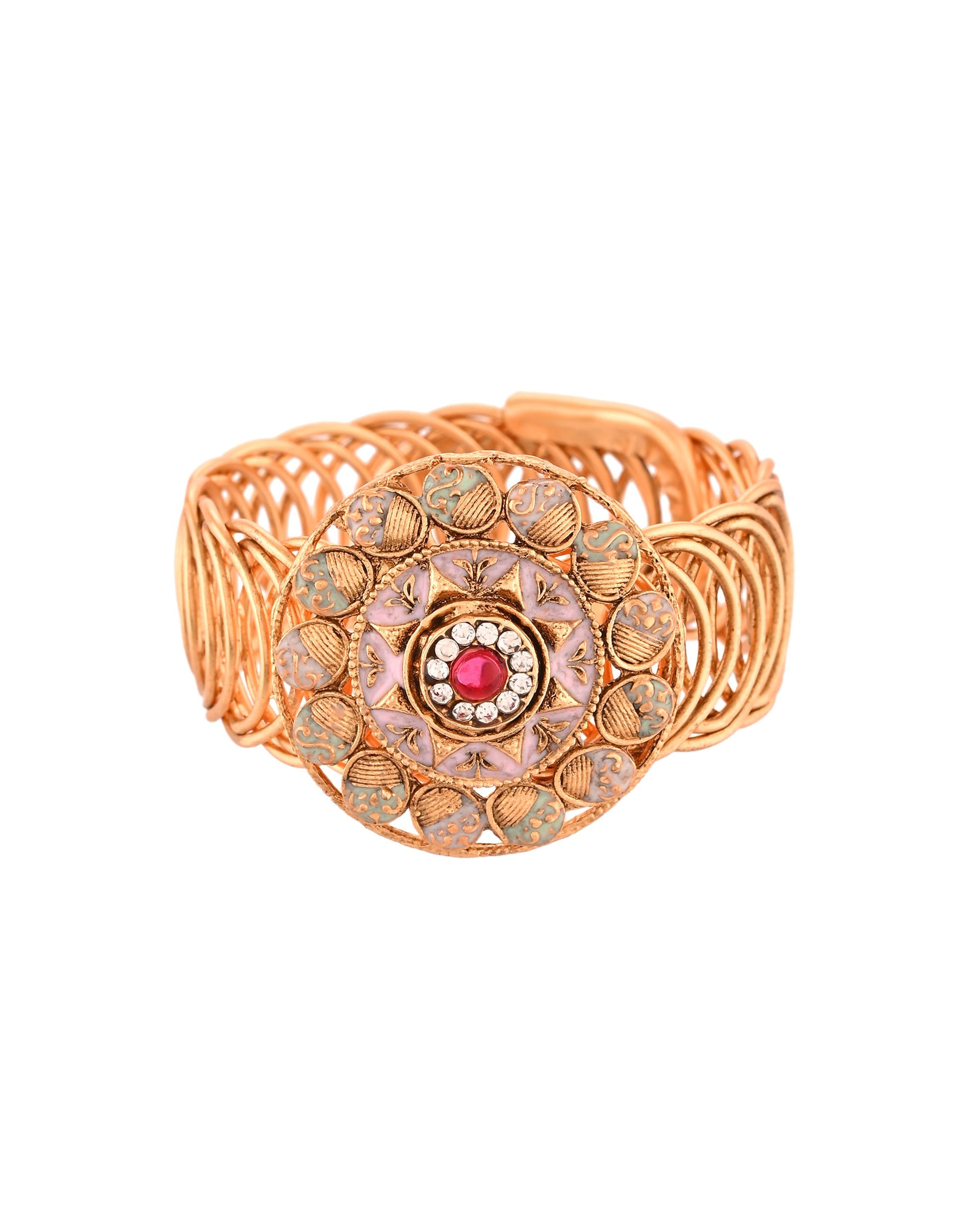 VOJ Stainless Steel Gold Polished Kundan Studded Wraparound Circular Bracelet