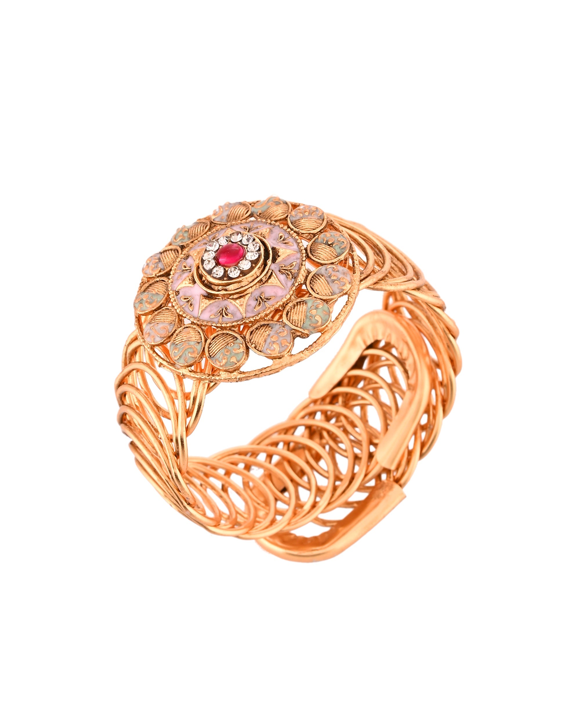 VOJ Stainless Steel Gold Polished Kundan Studded Wraparound Circular Bracelet