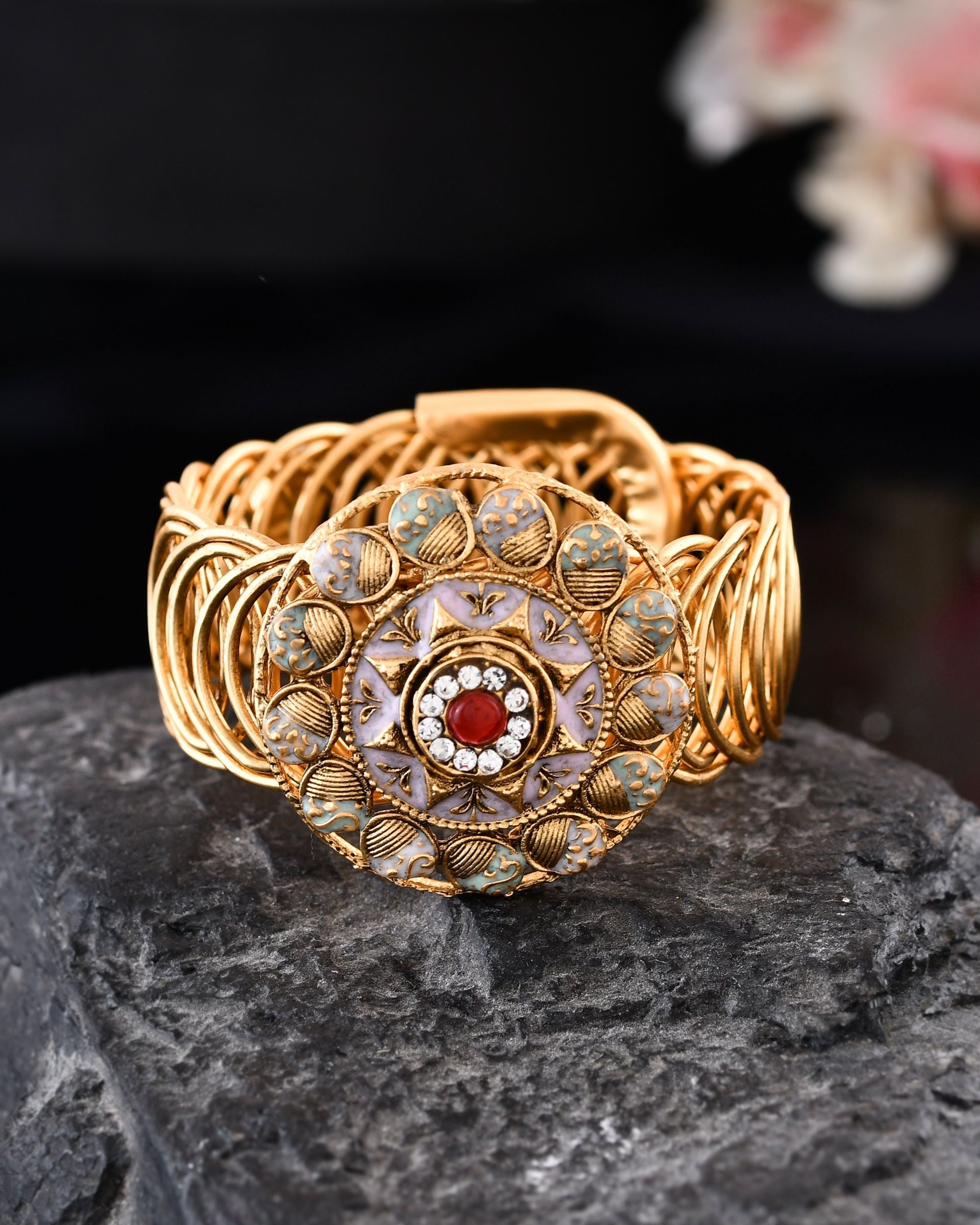 VOJ Stainless Steel Gold Polished Kundan Studded Wraparound Circular Bracelet