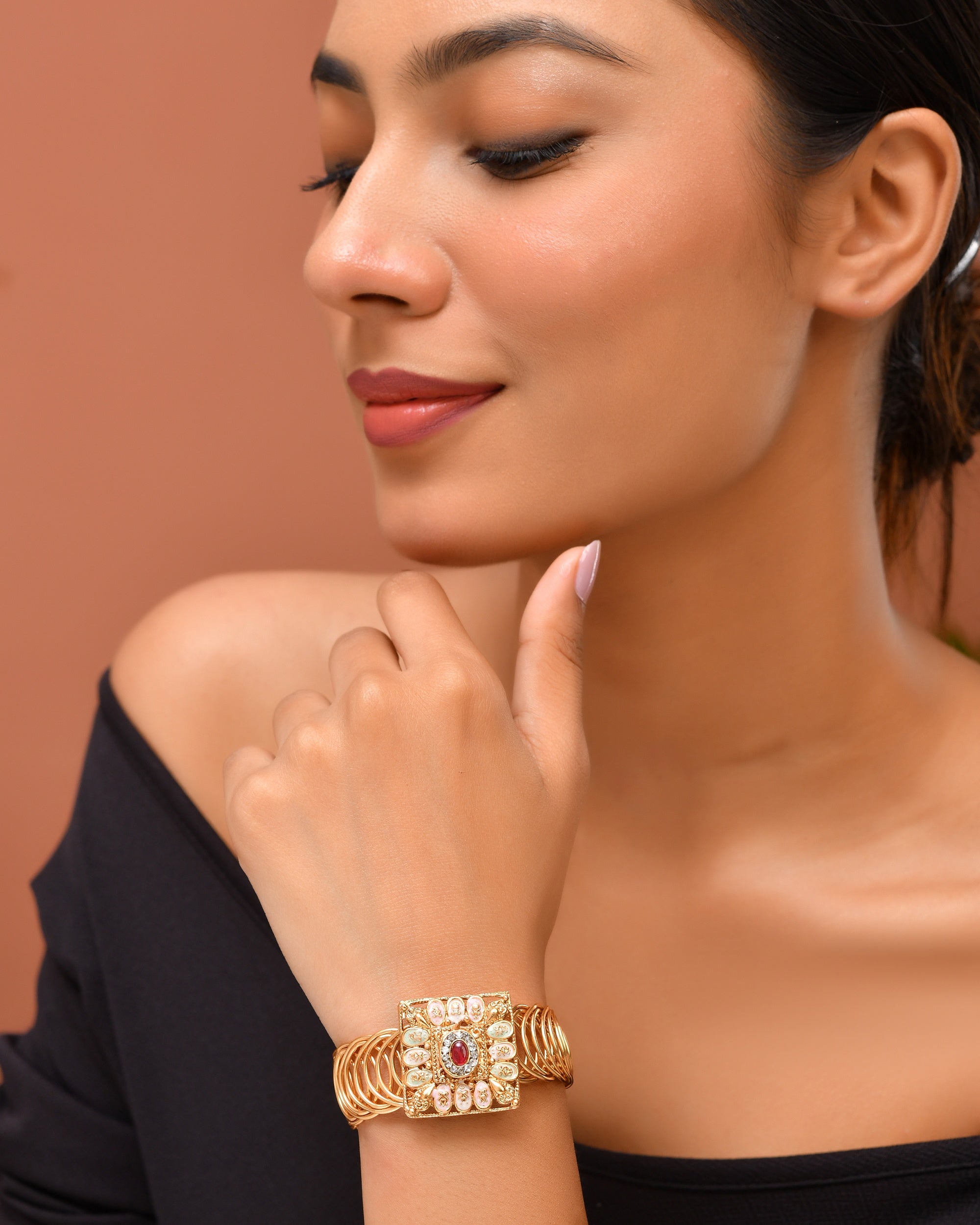 VOJ Stainless Steel Gold Polished Kundan Studded Wraparound Square Bracelet