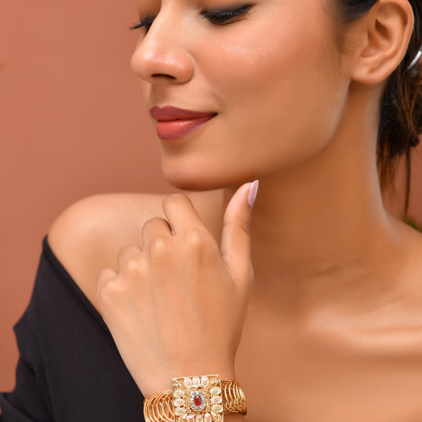 VOJ Stainless Steel Gold Polished Kundan Studded Wraparound Square Bracelet