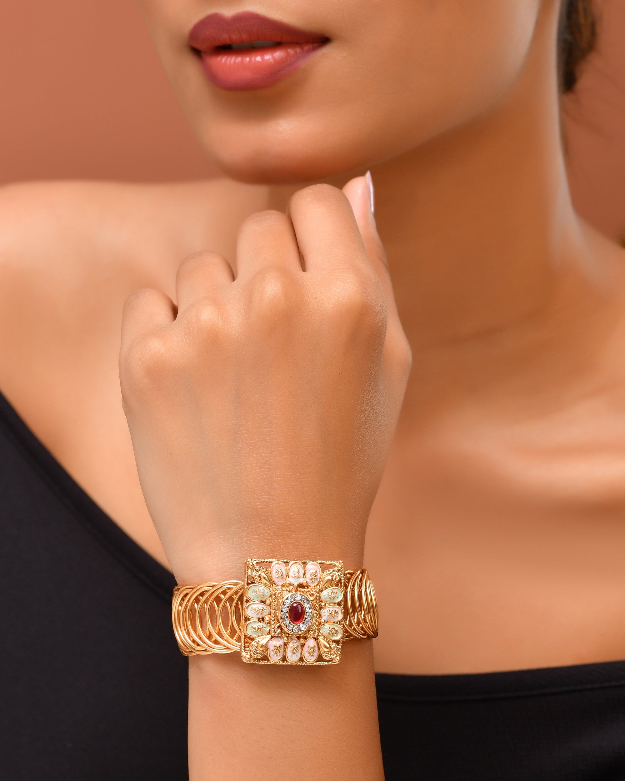 VOJ Stainless Steel Gold Polished Kundan Studded Wraparound Square Bracelet