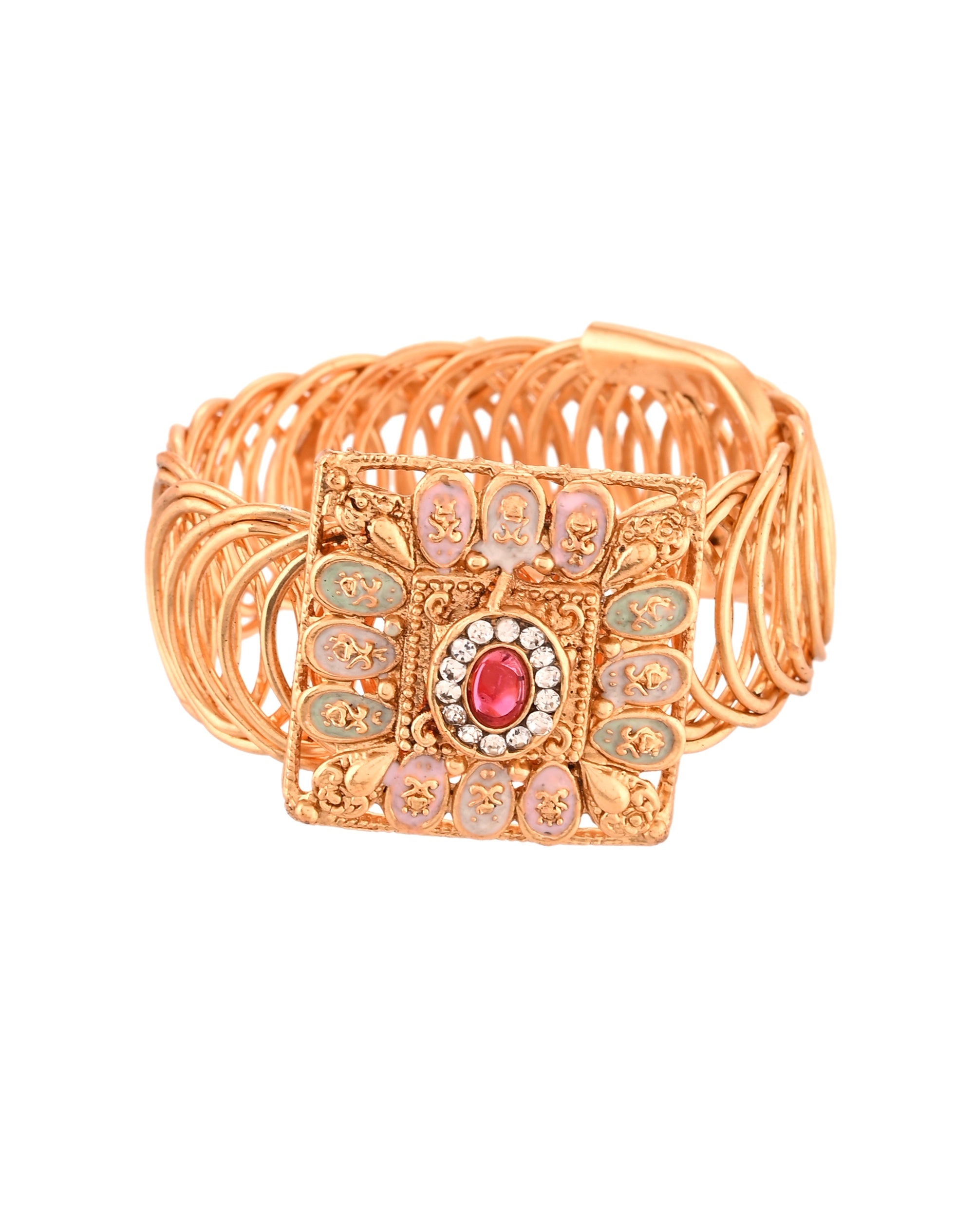 VOJ Stainless Steel Gold Polished Kundan Studded Wraparound Square Bracelet