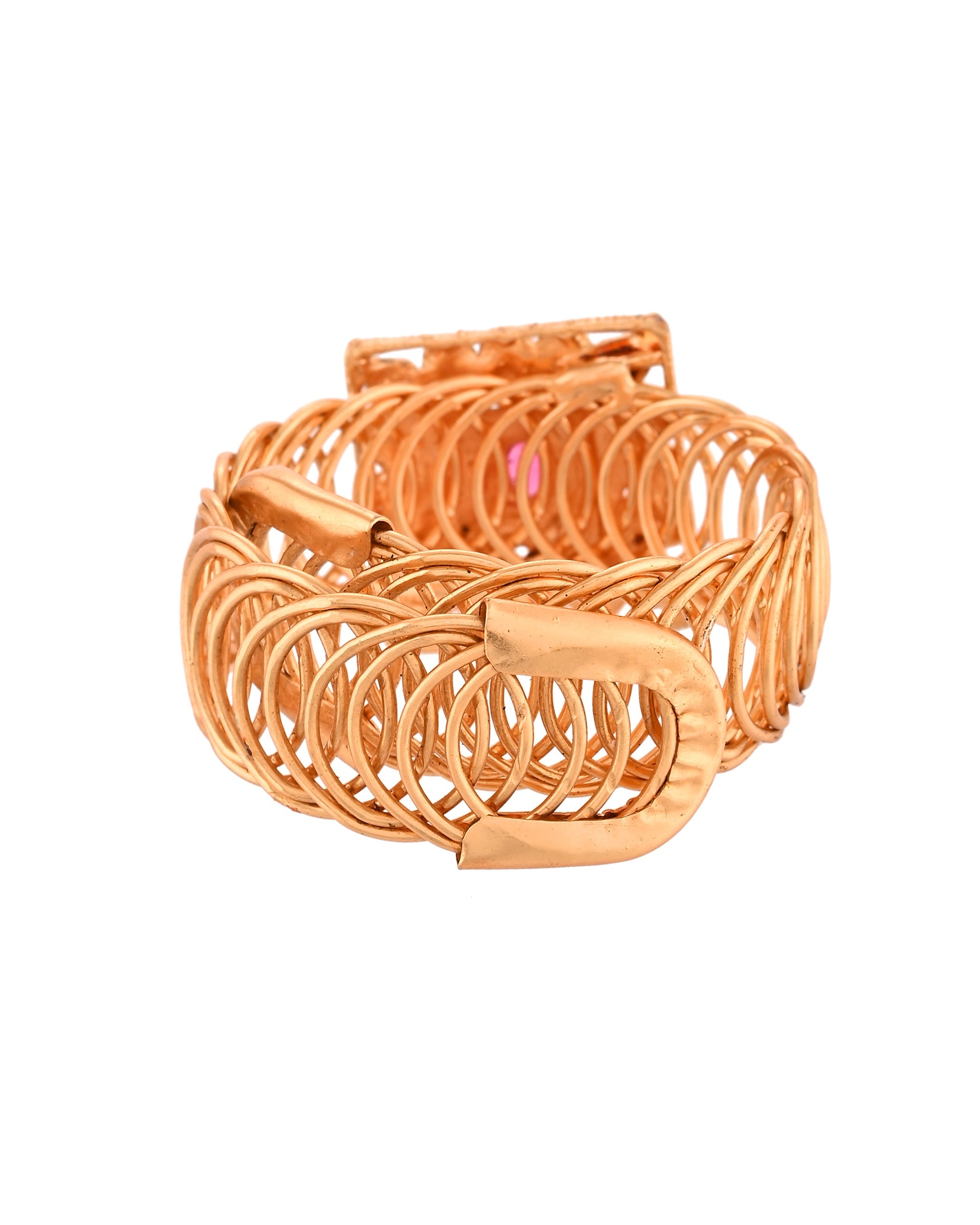 VOJ Stainless Steel Gold Polished Kundan Studded Wraparound Square Bracelet
