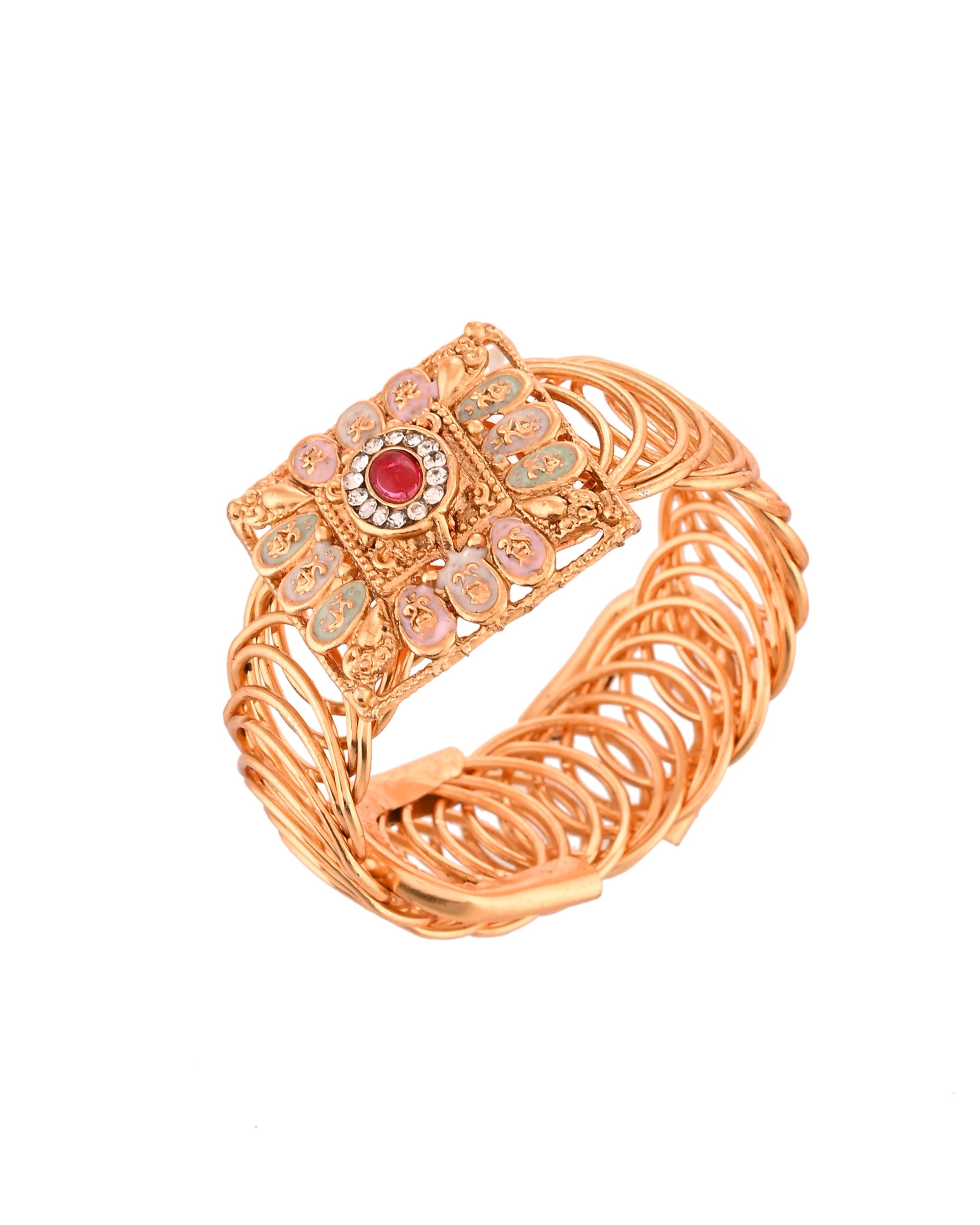 VOJ Stainless Steel Gold Polished Kundan Studded Wraparound Square Bracelet
