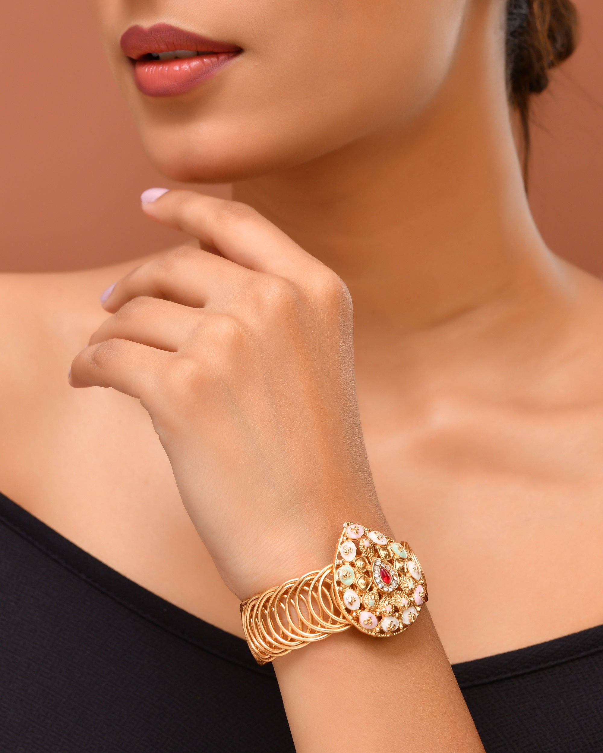 VOJ Stainless Steel Gold Polished Kundan Studded Wraparound Bracelet