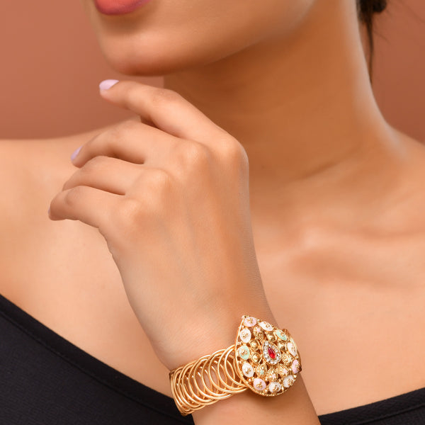 VOJ Stainless Steel Gold Polished Kundan Studded Wraparound Bracelet - Distacart