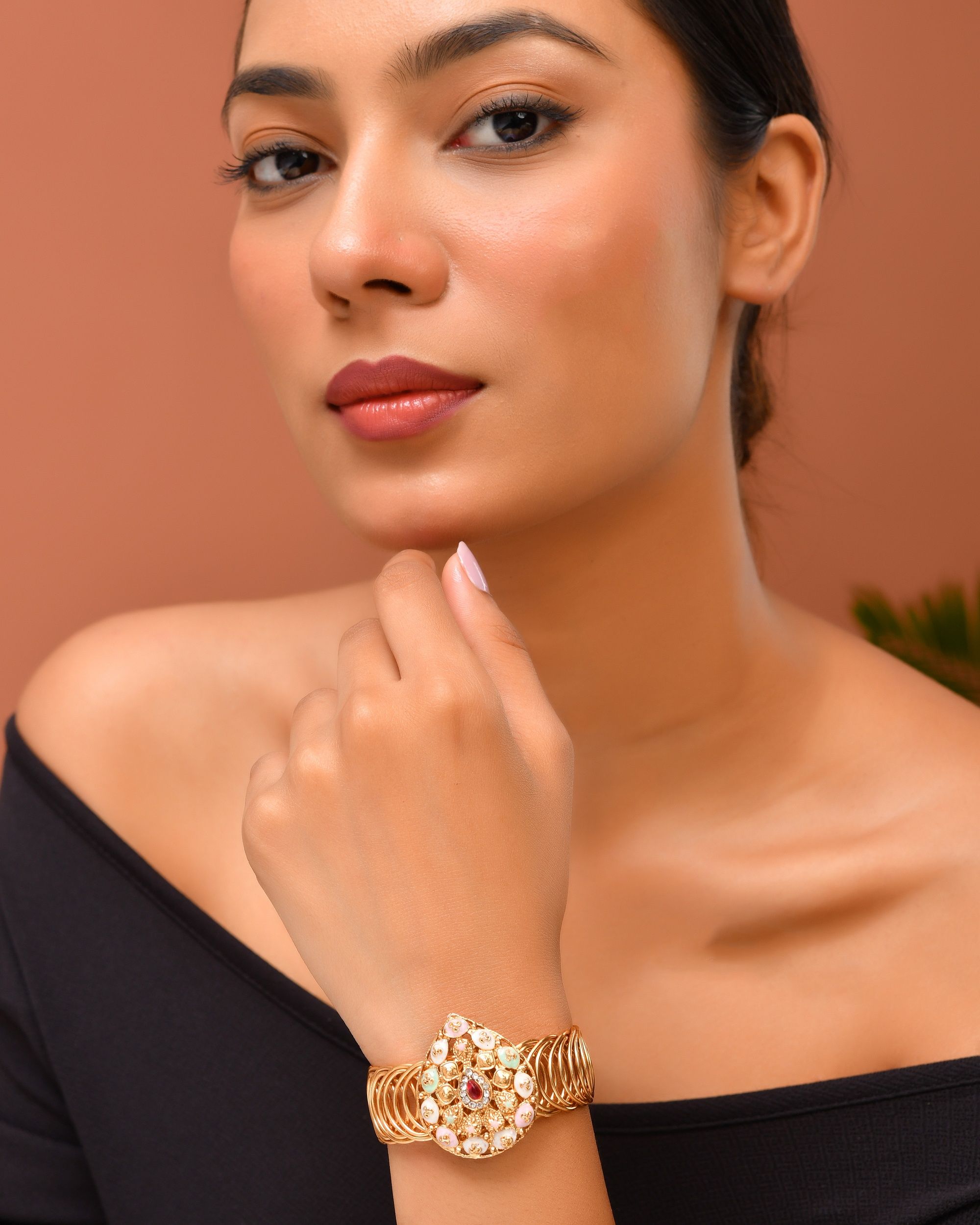 VOJ Stainless Steel Gold Polished Kundan Studded Wraparound Bracelet