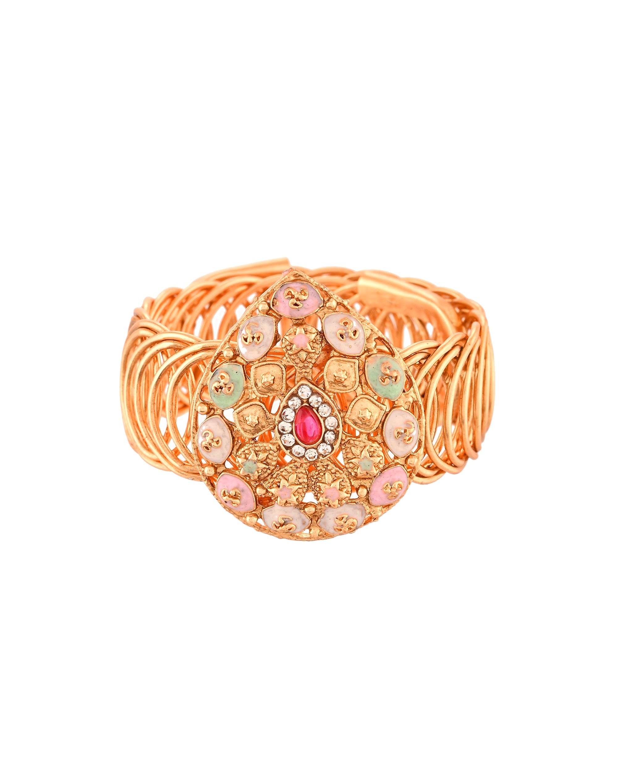 VOJ Stainless Steel Gold Polished Kundan Studded Wraparound Bracelet