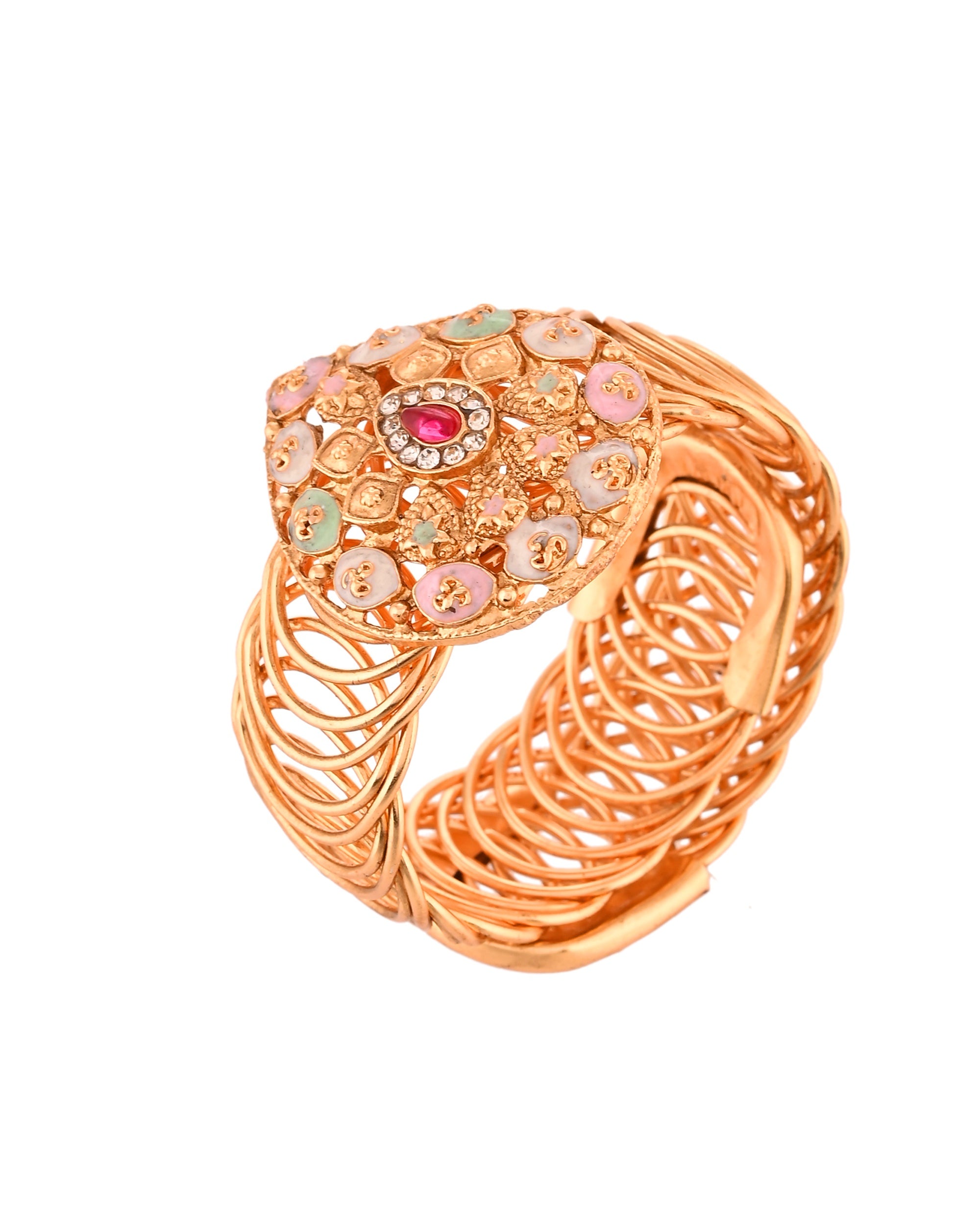 VOJ Stainless Steel Gold Polished Kundan Studded Wraparound Bracelet