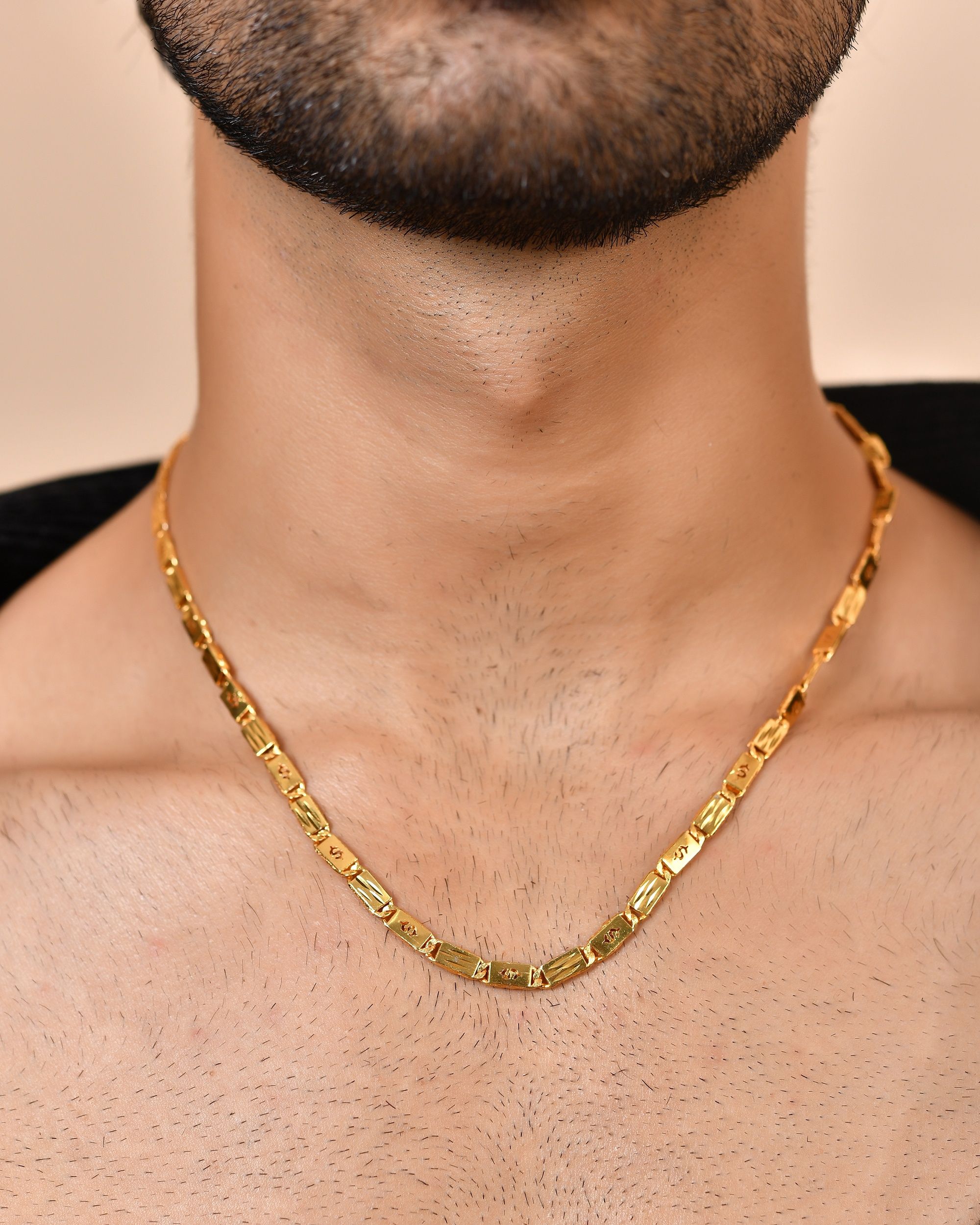 VOJ Men's Gold Polished Stainless Steel Biscuit Chain With Hand Crafted Design