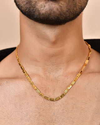 VOJ Men's Gold Polished Stainless Steel Biscuit Chain With Hand Crafted Design