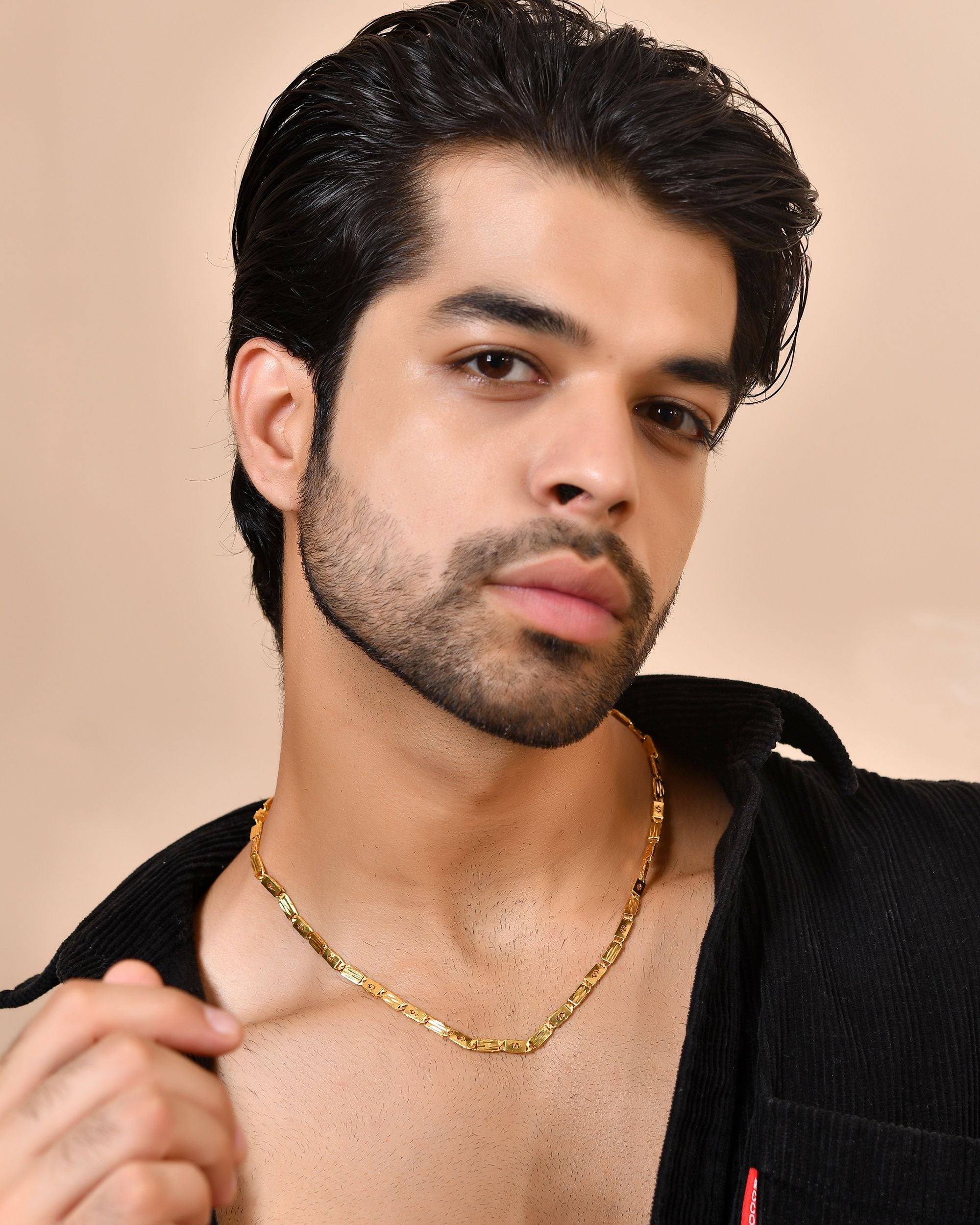 VOJ Men's Gold Polished Stainless Steel Biscuit Chain With Hand Crafted Design